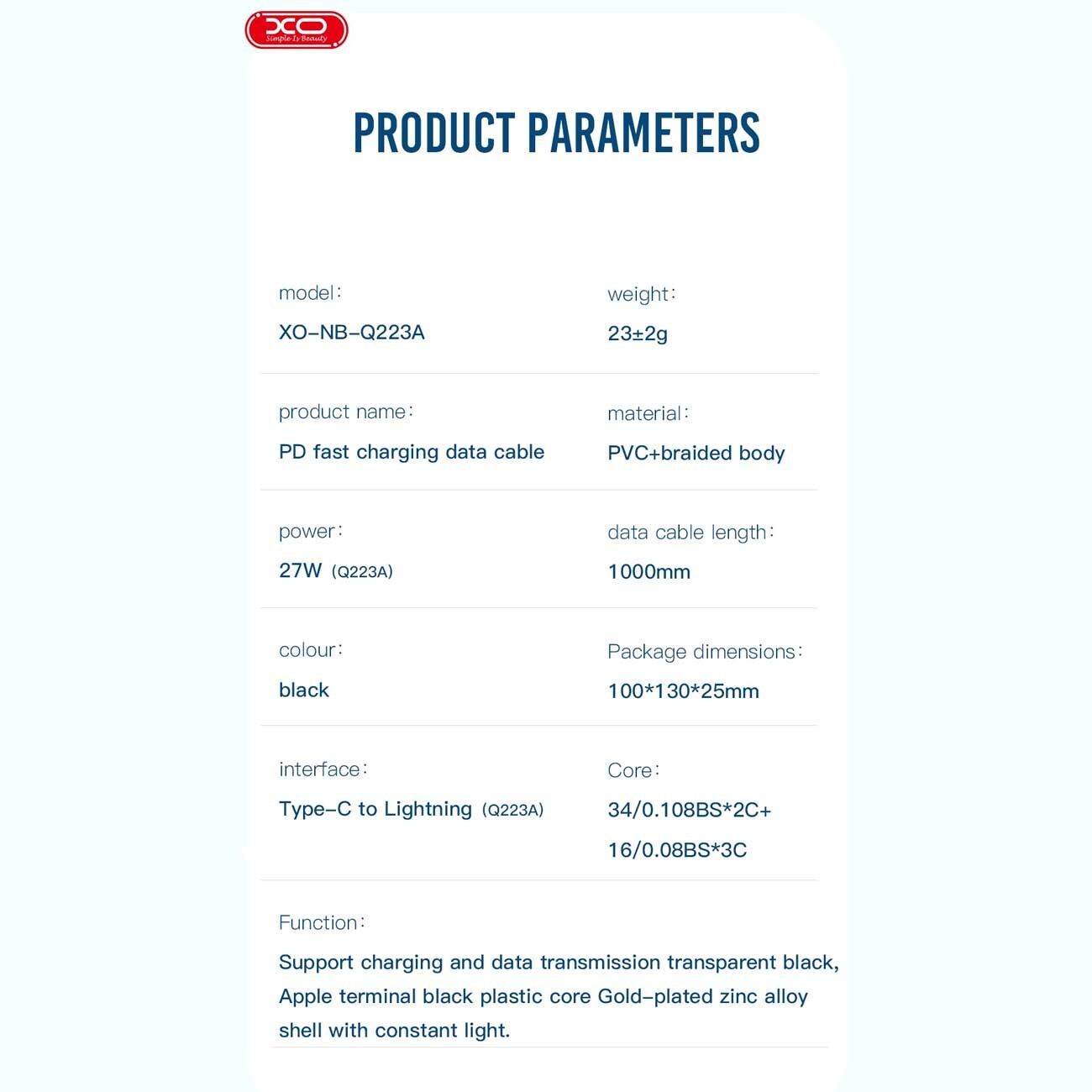 کابل شارژ سریع تایپ سی به لایتنینگ 27 وات یک متری طرح شفاف ایکس او NB-Q223A