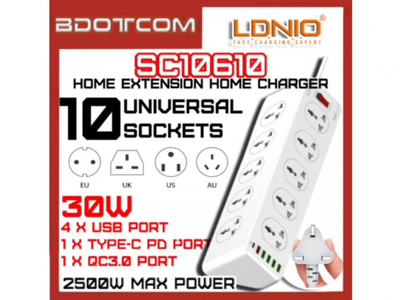 چندراهی برق 10 سوکت، 5 یواس‌بی و یک تایپ‎سی الدنیو Ldnio Power Strip 2500W 10 Sockets + 4 USB Ports + 1 Type-C PD Port + 1 QC3.0 Port2 m UK Plug SC10610