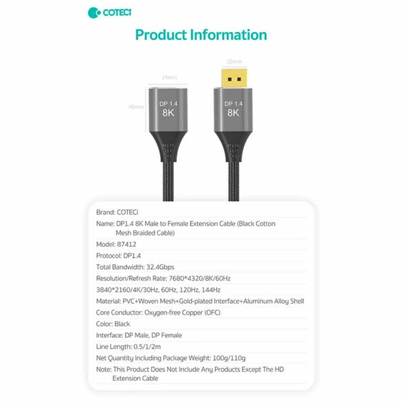 کابل افزایش طول دیسپلی پورت 0.5 متری کوتتسی