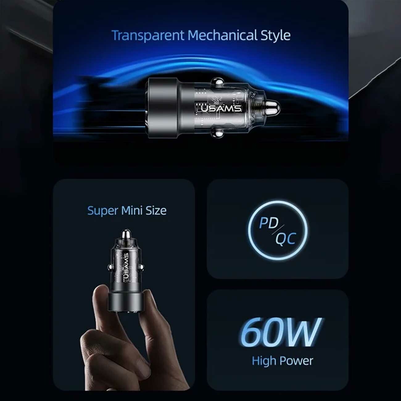 فروش شارژر فندکی فست شارژ ماشین تایپ سی 60 وات طرح شفاف یوسامز