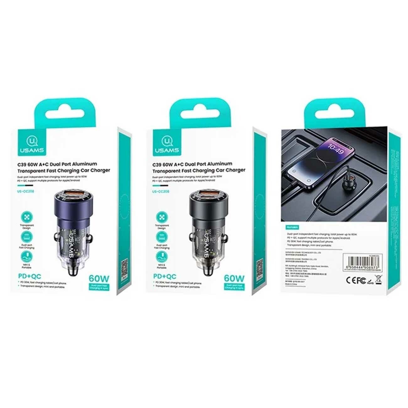 شارژر فندکی فست شارژ ماشین تایپ سی 60 وات طرح شفاف یوسامز