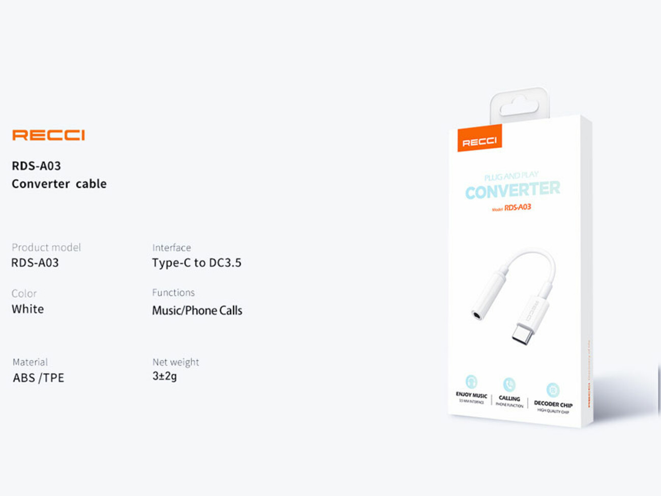 قیمت کابل تبدیل تایپ سی به جک 3.5 میلی‌متری رسی RECCI RDS-A03 Converter Cable Type-C