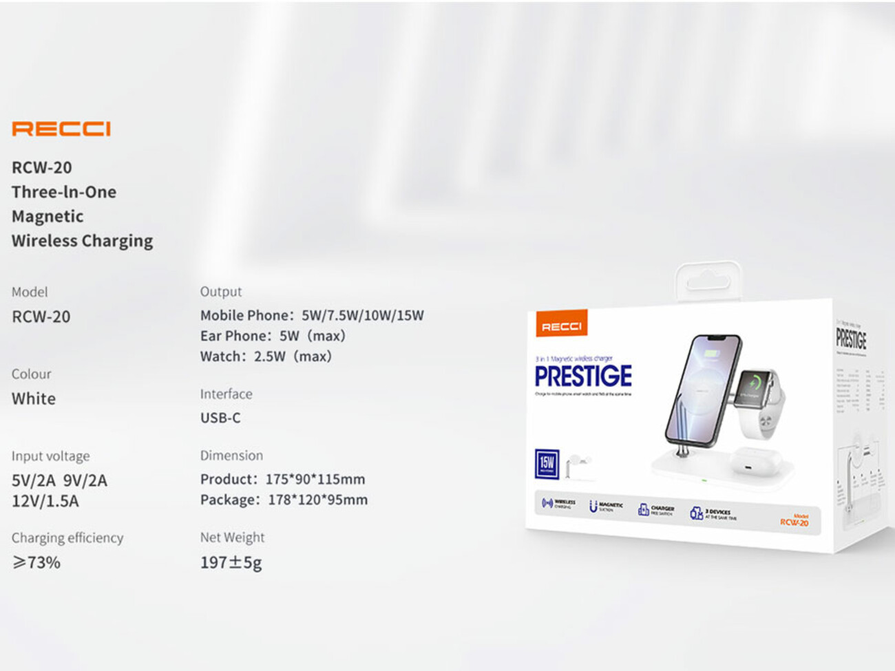 شارژر بی سیم رومیزی 15 وات رسی Recci 3 in 1 Magnetic Wireless Charger RCW-20