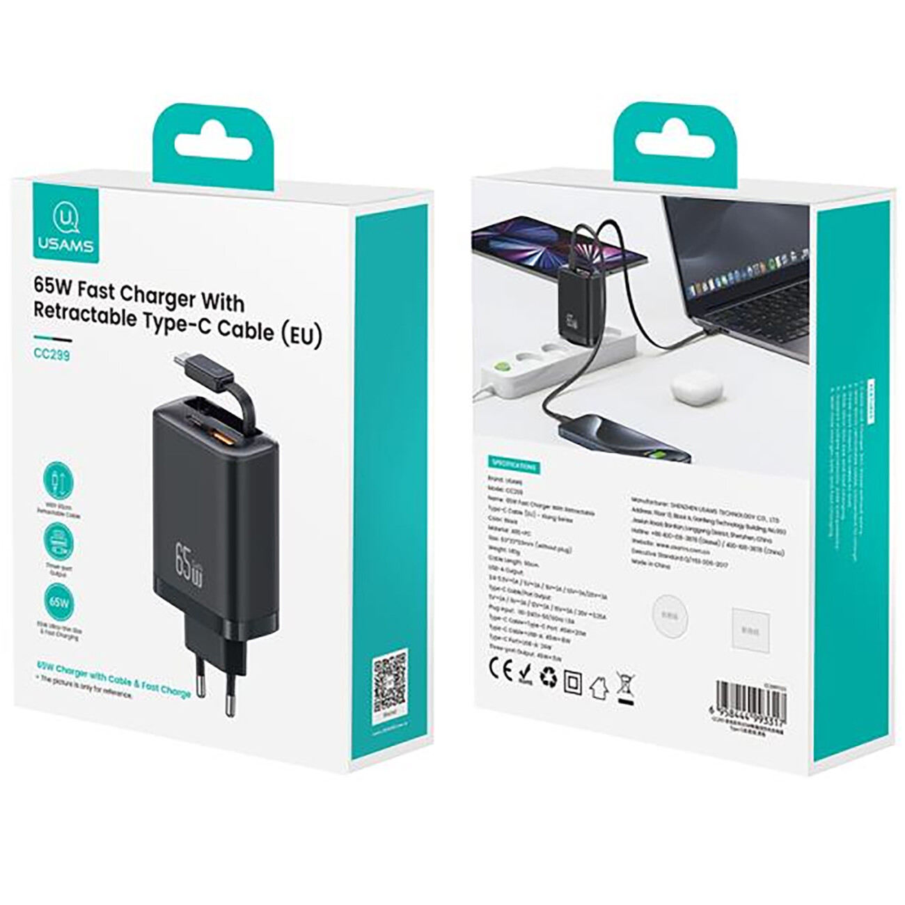 قیمت شارژر دیواری 65 وات تایپ سی و یو اس بی یوسامز با کابل تایپ سی