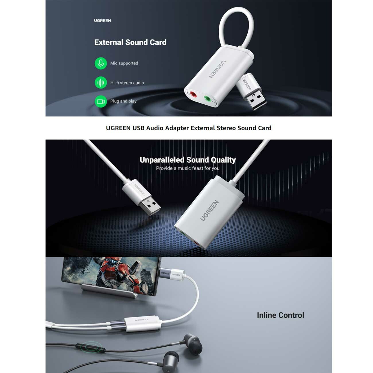 تبدیل صدای USB به جک 3.5 میلی‌متر 15 سانتی‌متری یوگرین