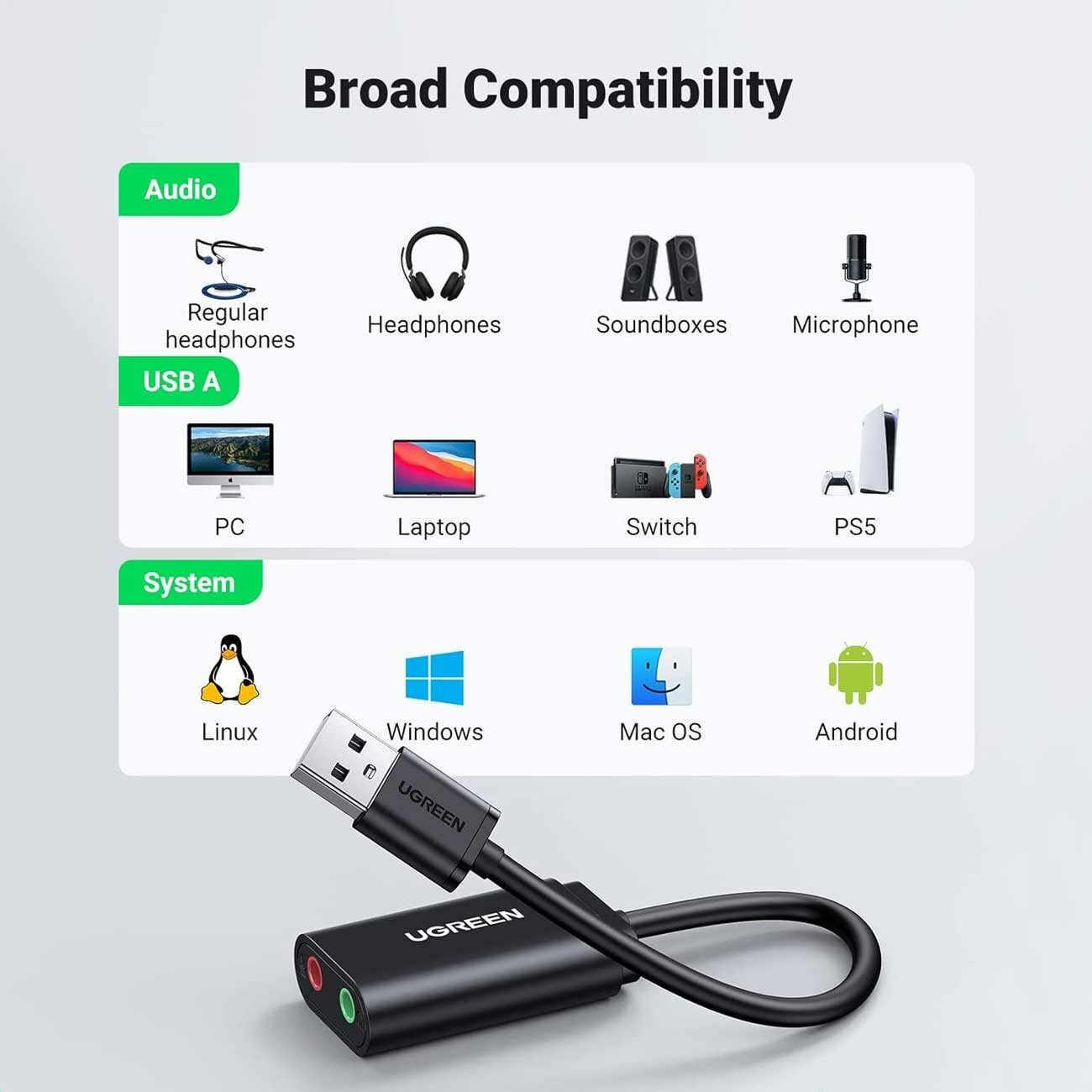 بهترین تبدیل صدای USB به جک 3.5 میلی‌متر 15 سانتی‌متری یوگرین