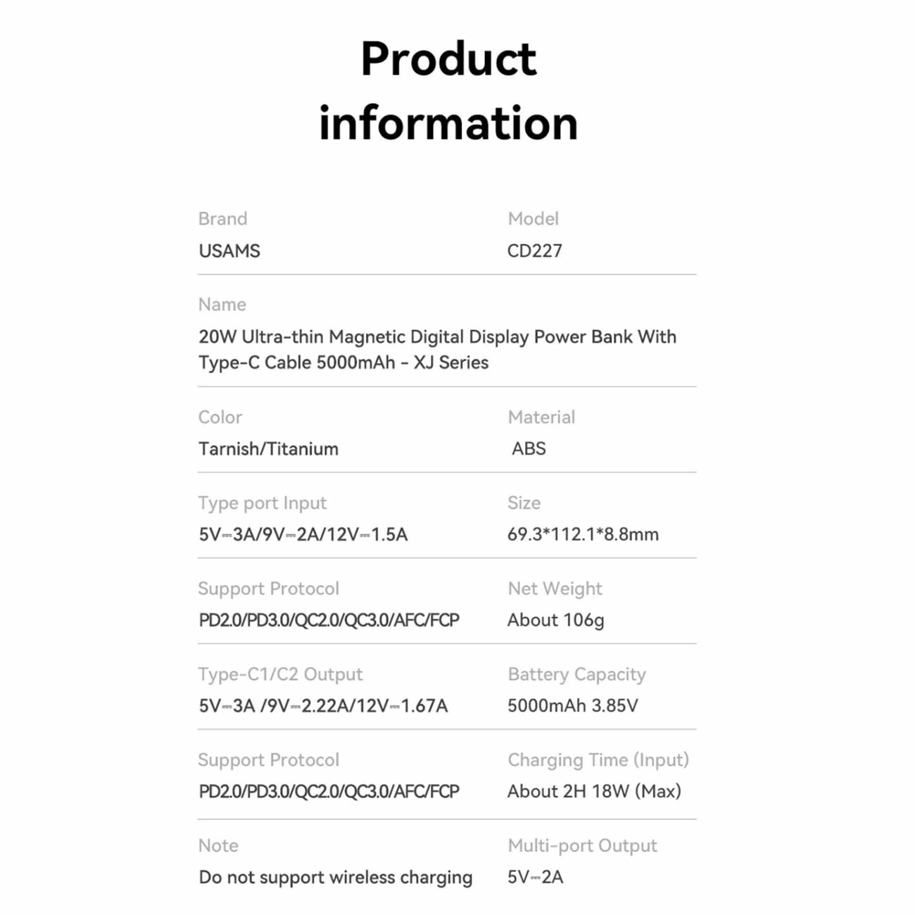 مشخصات پاوربانک مغناطیسی با کابل Type-C یوسامز