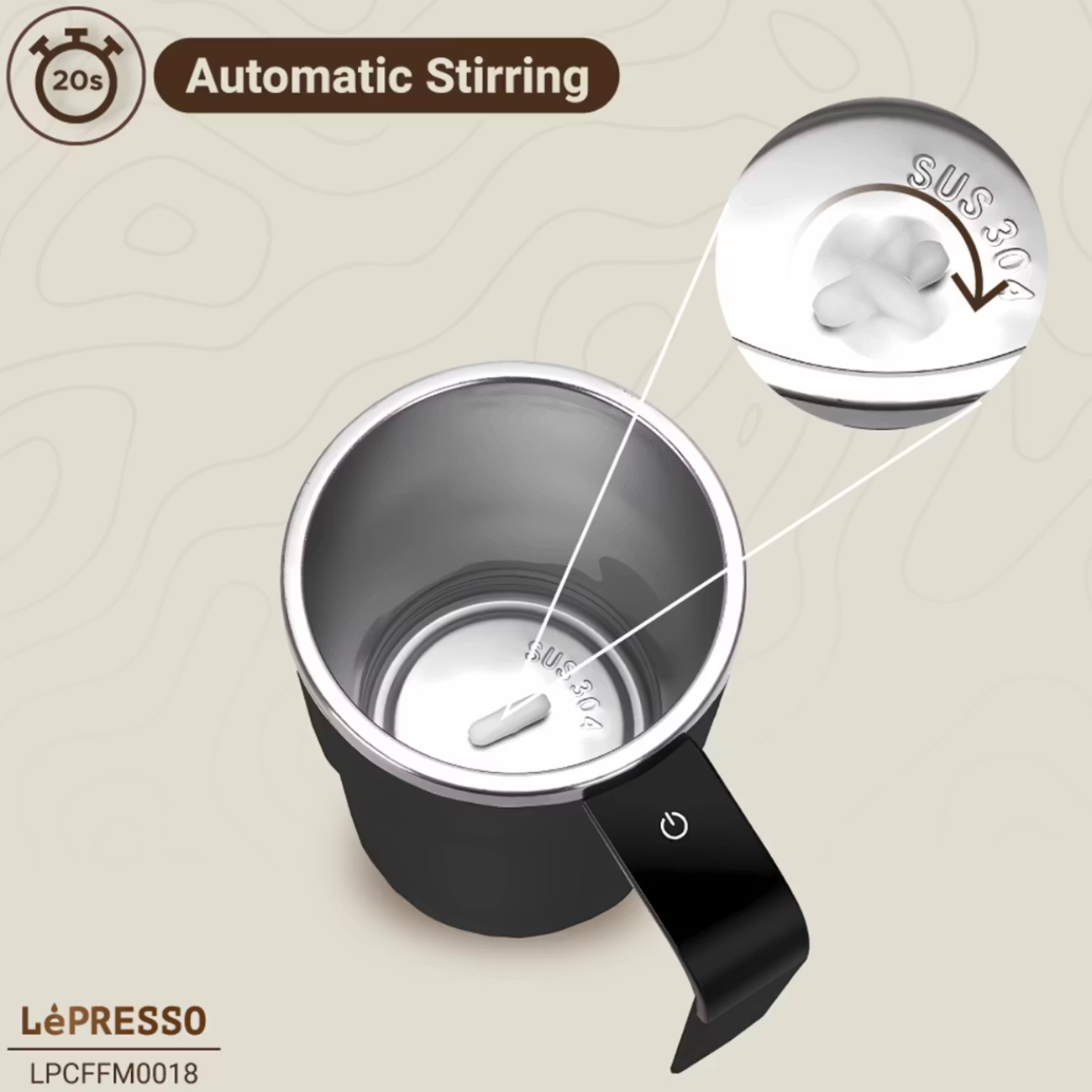 ماگ همزن‌دار مغناطیسی خودکار شارژی 380 میلی‌لیتری لپرسو LPCFFM0018