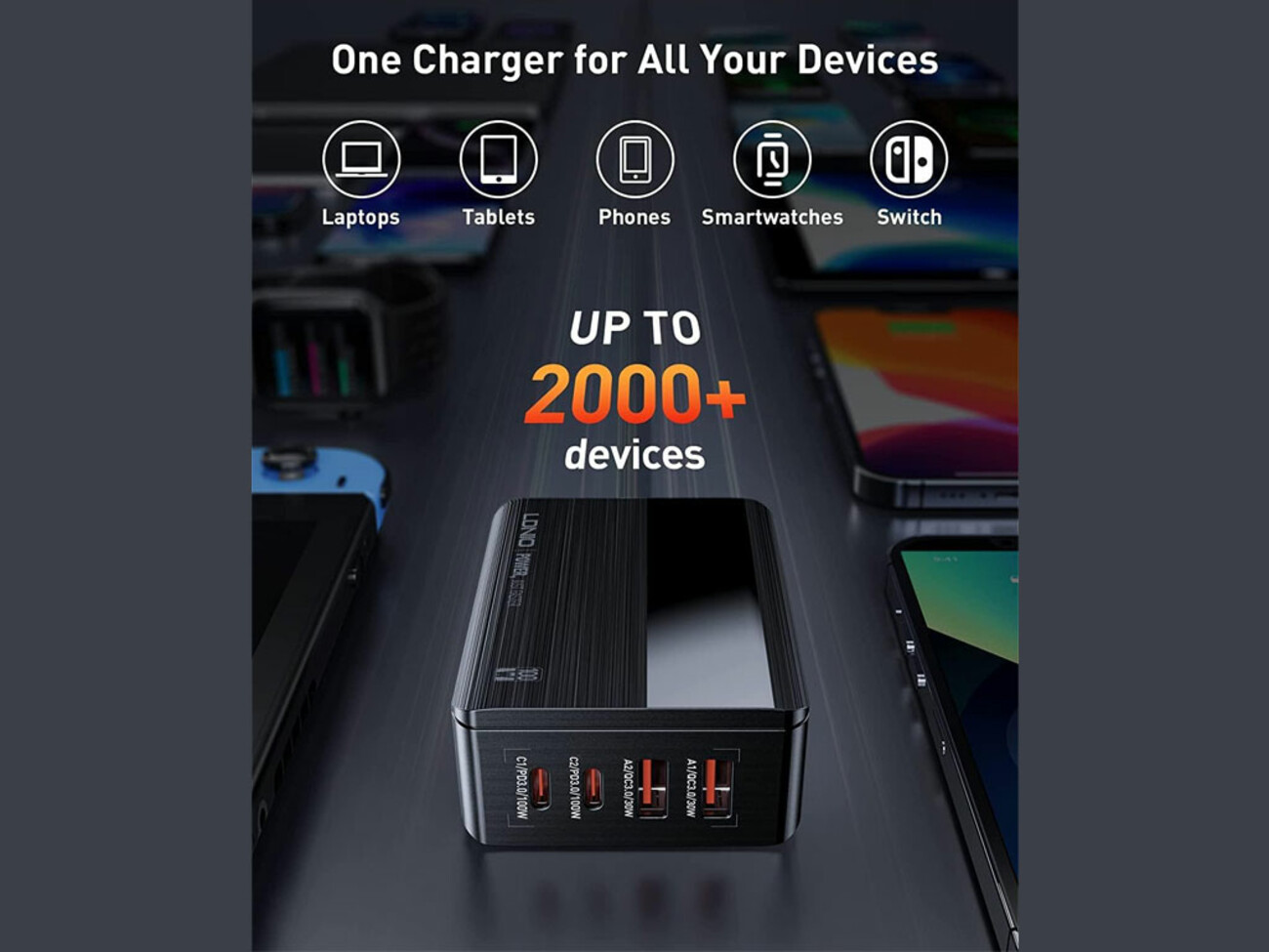 پاور هاب سوپر فست شارژ تایپ سی و یو اس بی 100 وات الدنیو LDNIO A4809C 100W GaN Super Fast Charger