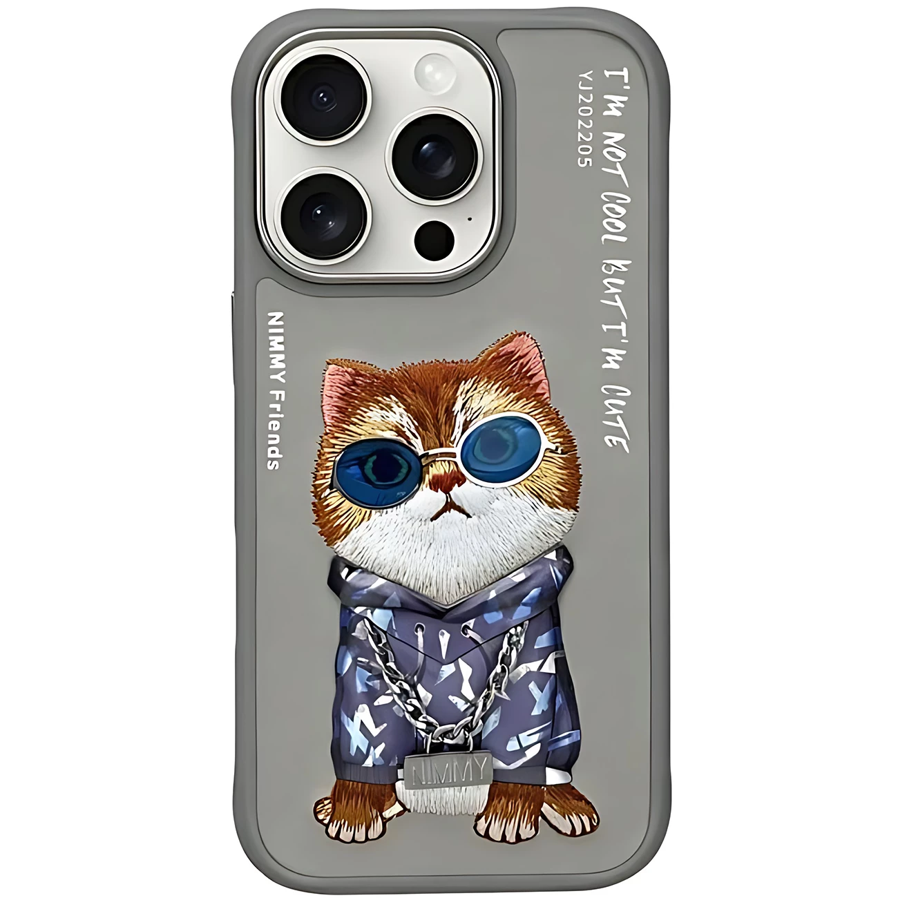 قاب محافظ گوشی آیفون 16 پرومکس طرح گربه با عینک و زنجیر واقعی و خز گلدوزی شده نیمی 05-B