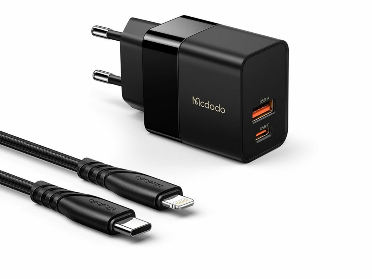 شارژر دیواری 2 پورت 20 وات بههمراه کابل تایپسی به لایتنینگ مکدودو MCDODO CH-1952 Hydrogen Series 20W Charger + Type-C to Lightning Cable
