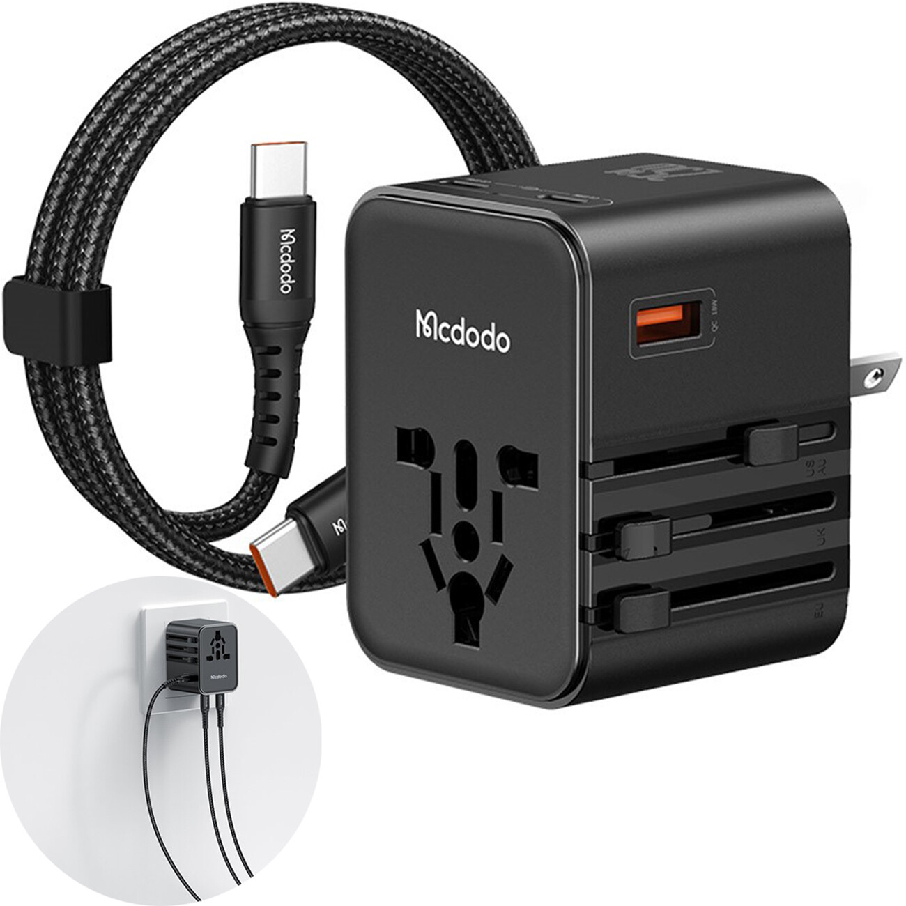 تبدیل پریز و شارژر دیواری مسافرتی USB و تایپسی 25 وات مکدودو CP-3260 با کابل تایپسی به تایپسی