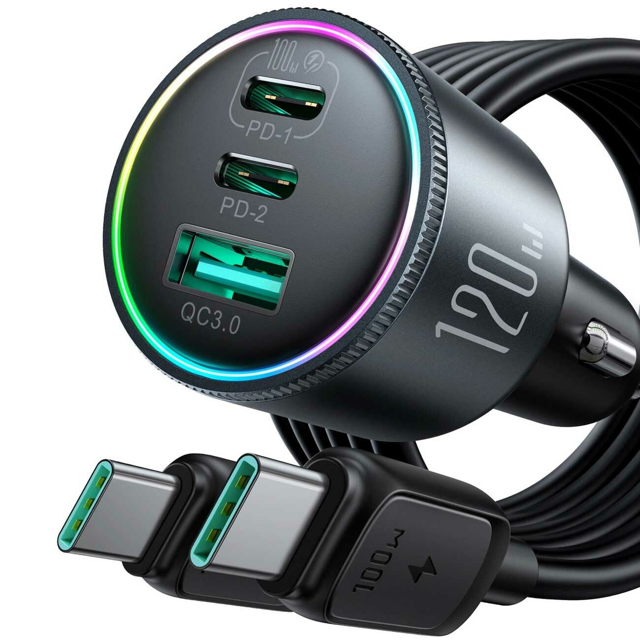 بهترین شارژر فندکی سوپر فست شارژ ماشین تایپ سی 120 وات با کابل دو سر تایپ‌سی جویروم