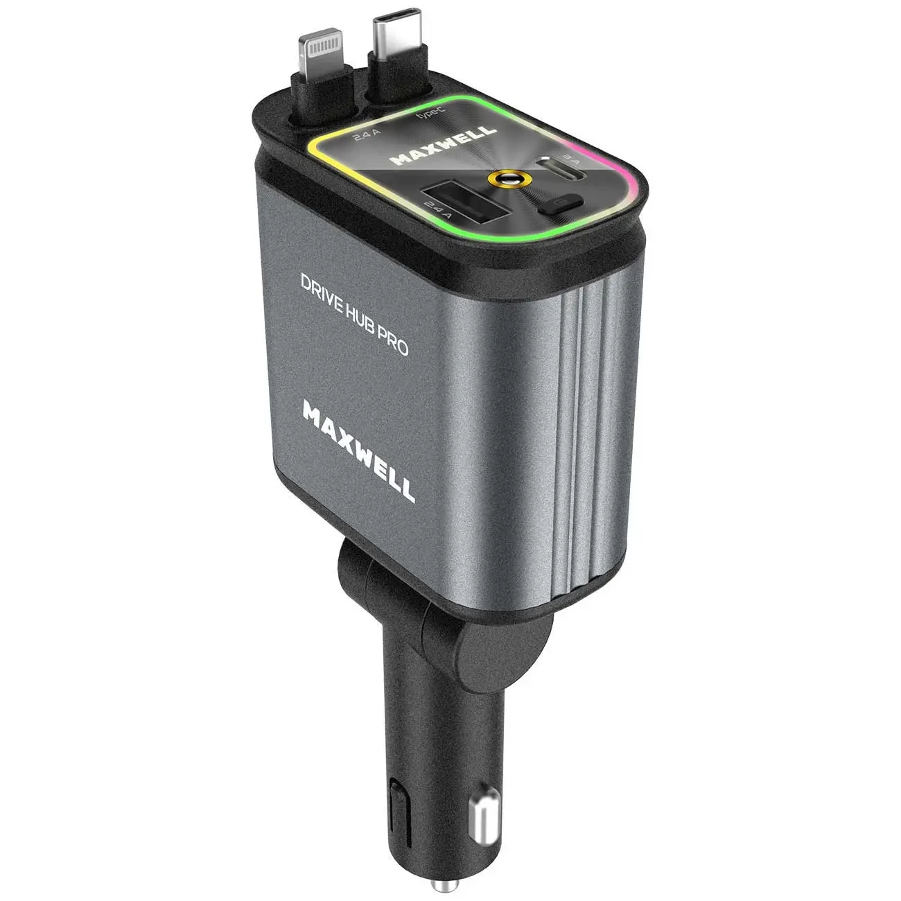 شارژر فندکی فست شارژ ماشین تایپسی و یواسبی 120 وات مکسول Maxwell Drive Hub Pro با کابل متصل تایپسی و لایتنینگ