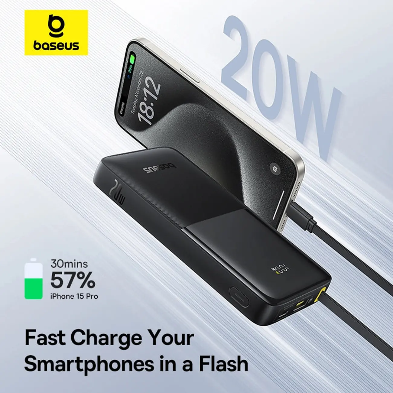 پاوربانک 20وات 10000 با کابل بیسوس Baseus Power Bank Bipow 2 With Cable PPBD2-1W20