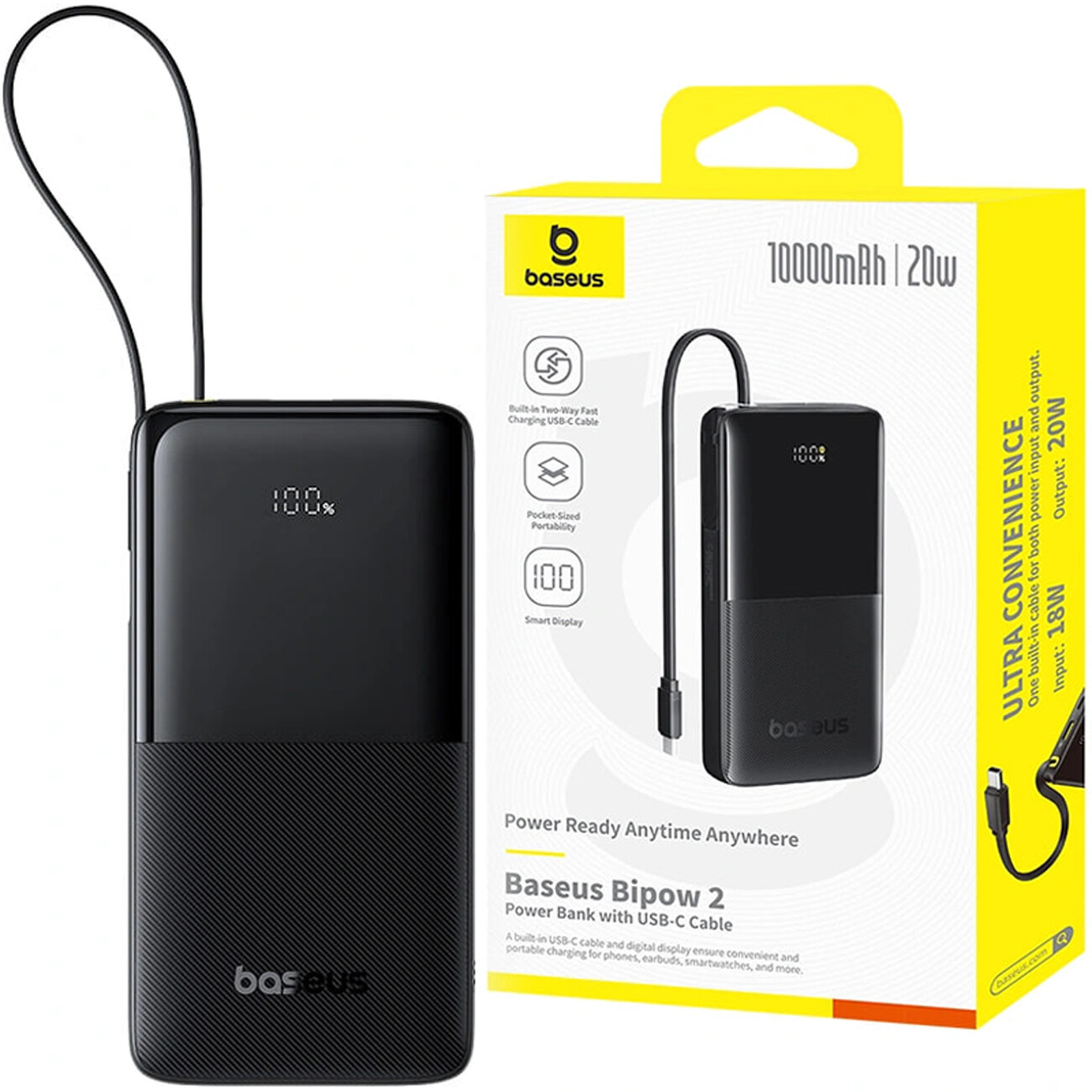 پاوربانک 10000 میلیآمپر USB و type-c با کابل تایپسی 20 وات بیسوس Baseus PPBD2-1W20 / P10077101113