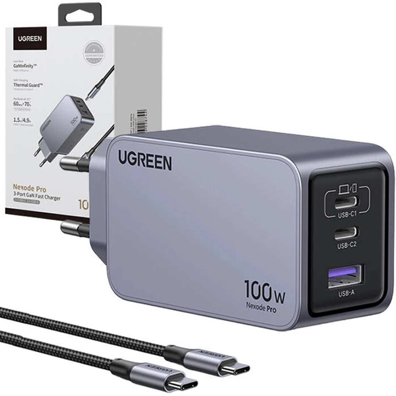 شارژر دیواری USB و تایپسی 100 وات یوگرین UGREEN X757 25874 با کابل تایپسی به تایپسی