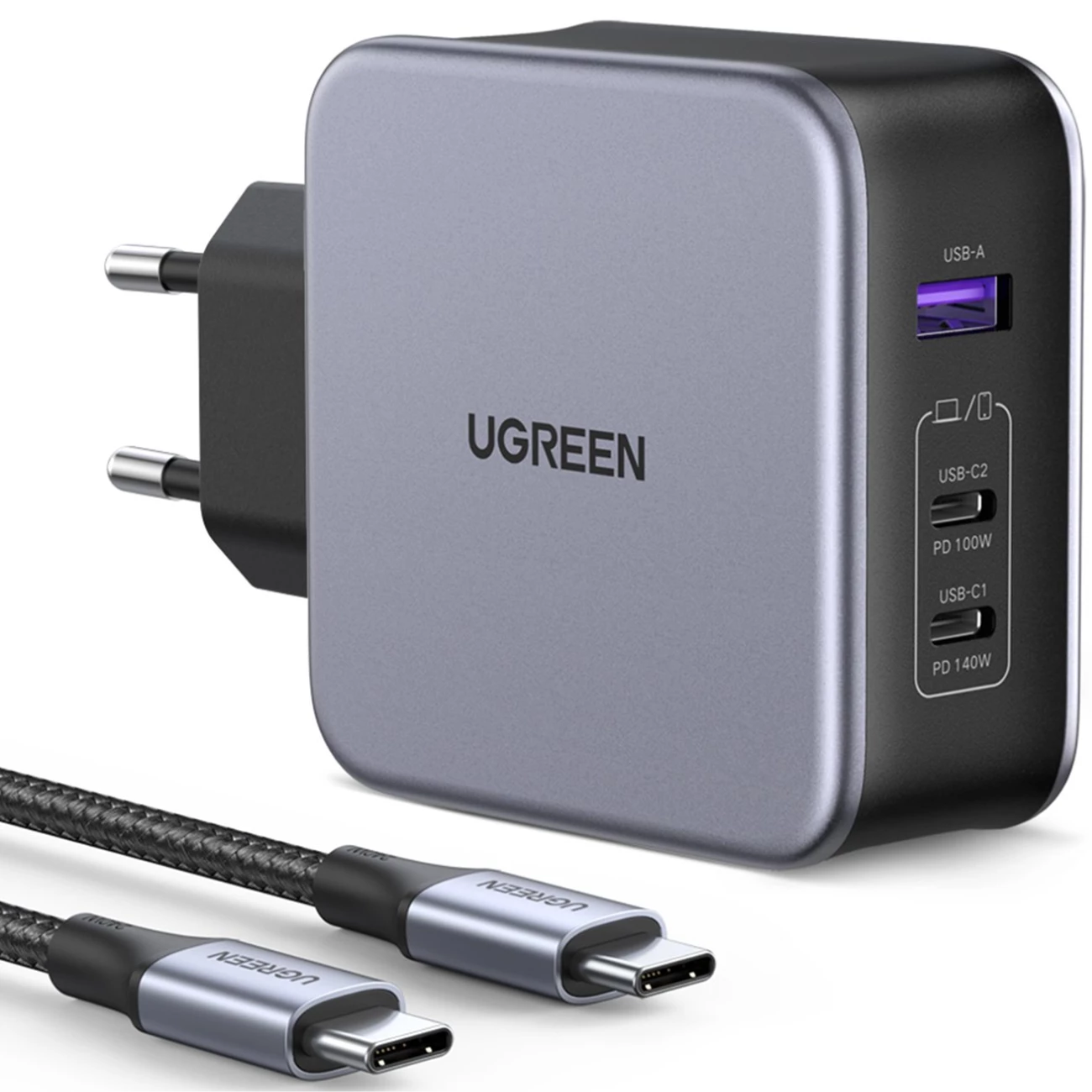شارژر دیواری یواسبی و تایپسی فست شارژ 140 وات یوگرین Ugreen CD289 90549 با کابل دوسر تایپسی