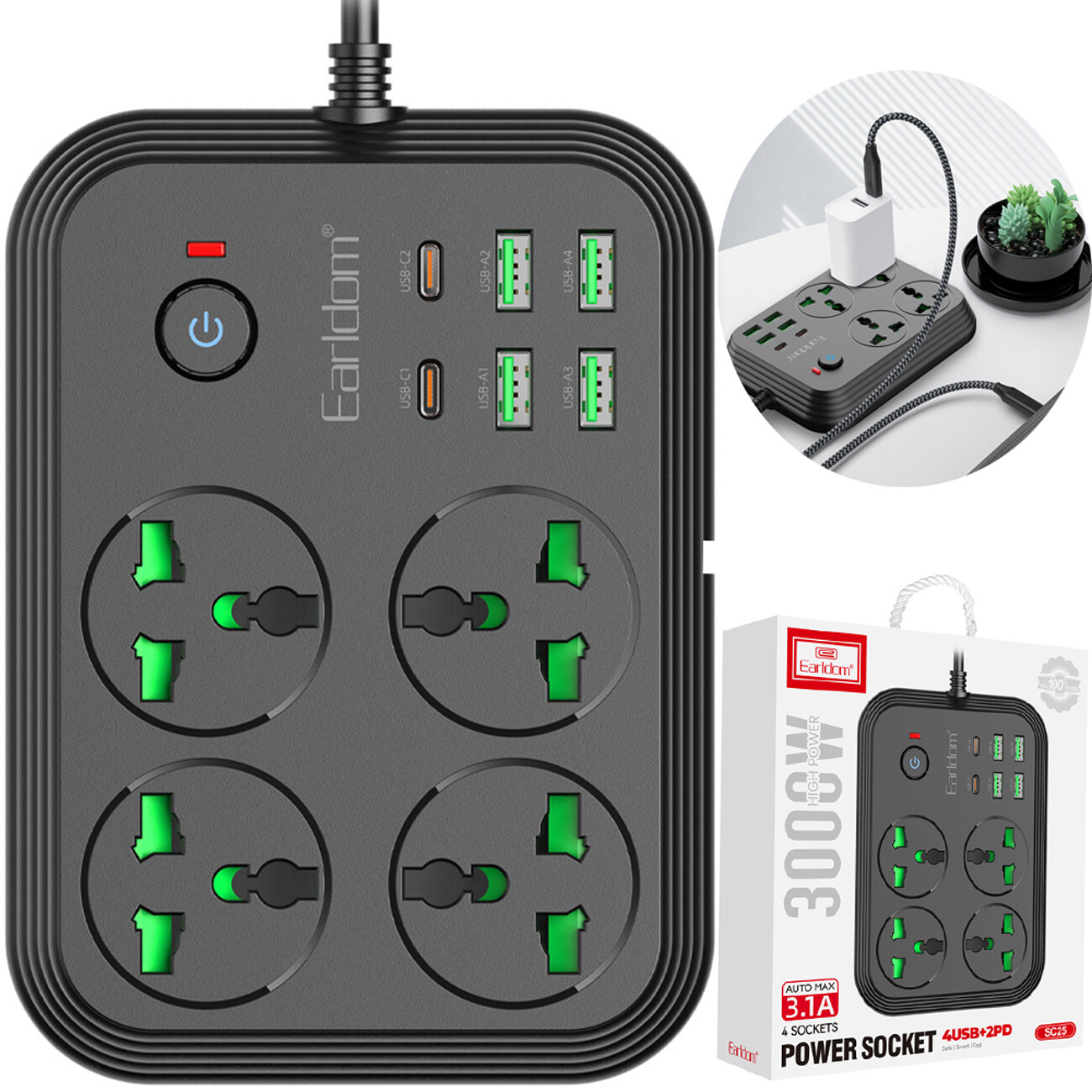 چند راهی برق 3000 وات چهار سوکت، چهار عدد USB و دو عدد تایپ‌سی ارلدام EARLDOM SC25