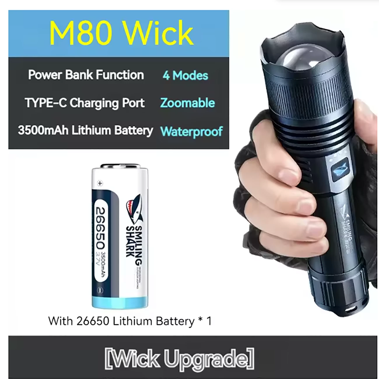 فروش چراغ قوه شارژی قدرتمند و پاوربانک اسمایلینگ شارک