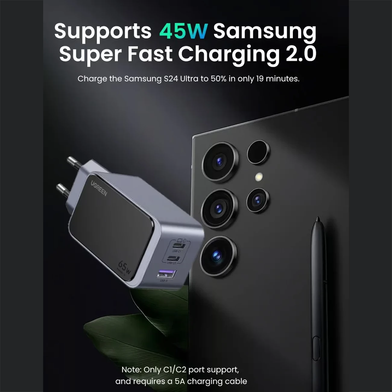 فروش شارژر دیواری 65 وات یوگرین با دو پورت تایپ سی و یک پورت یو اس بی