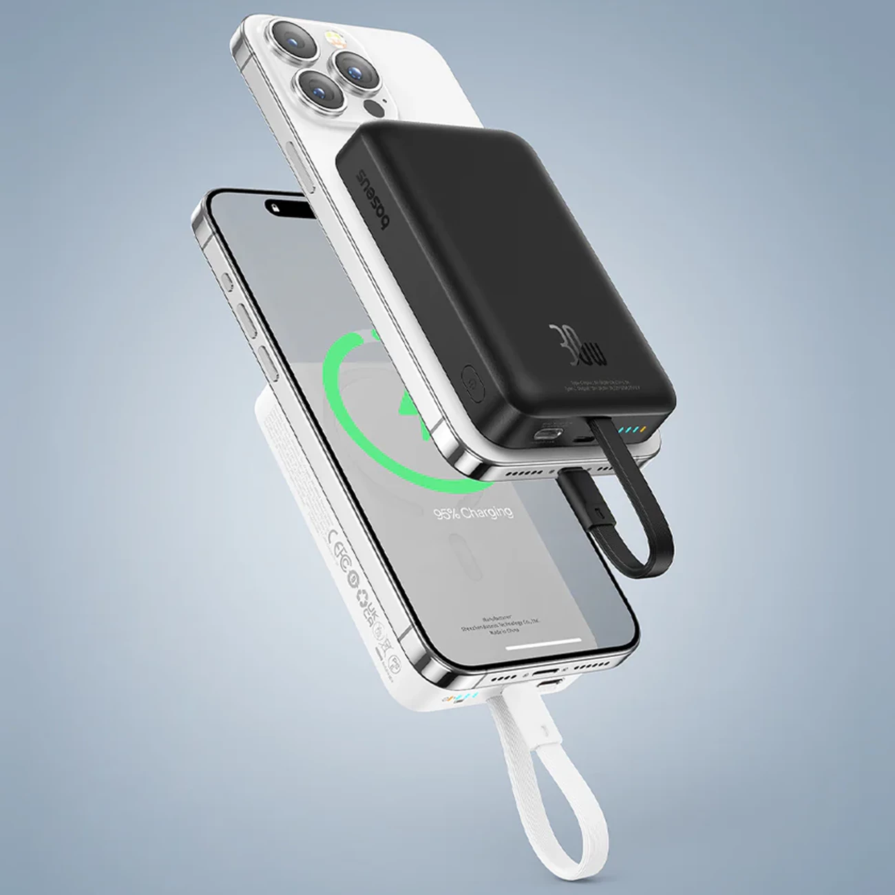 خرید شارژر همراه بی سیم مگ سیف فست شارژ بیسوس با کابل متصل تایپ سی