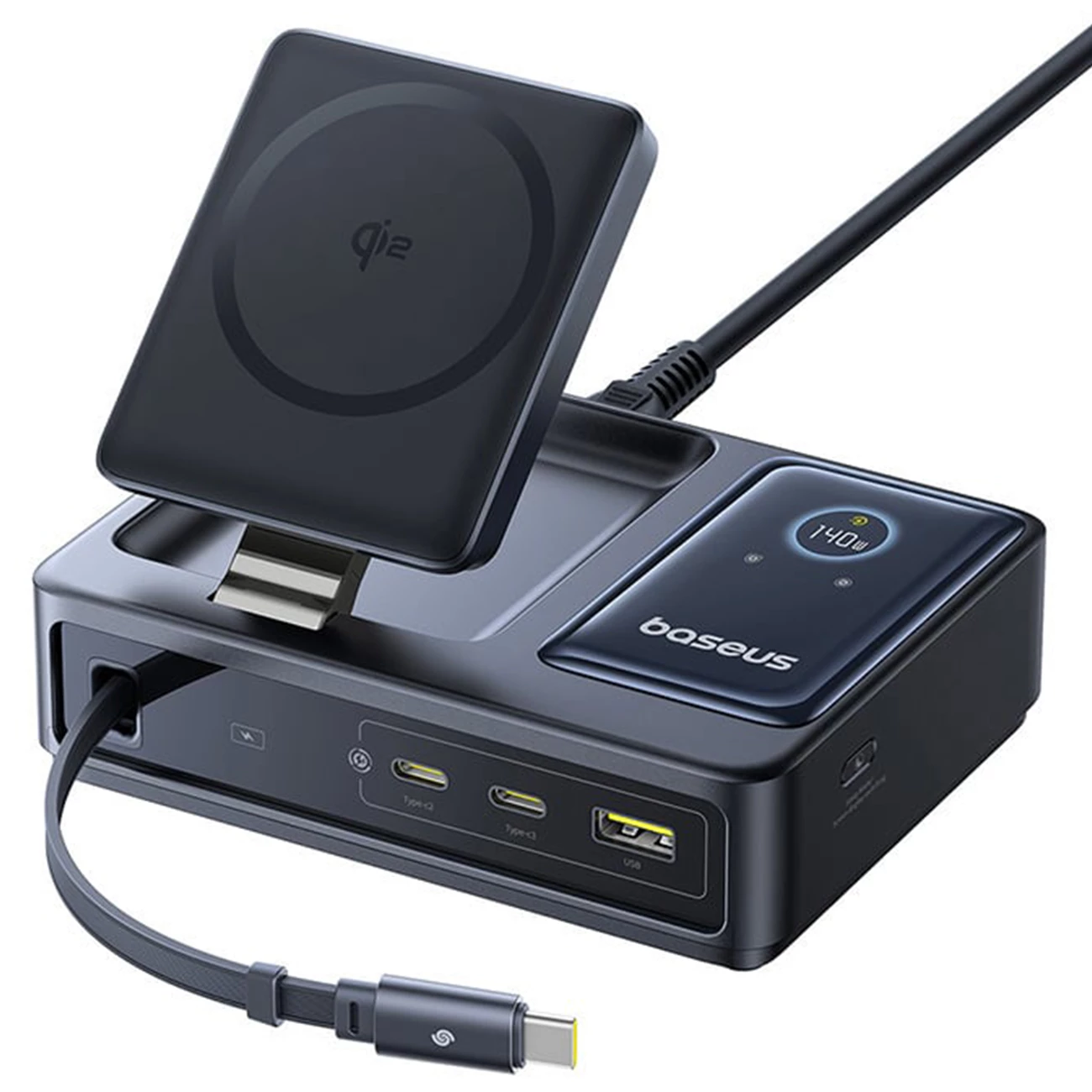 شارژر وایرلس 15 وات و هاب شارژر USB، تایپسی و کابل تایپسی جمع شونده 140 وات بیسوس Baseus CCNMS140 P10170901123-00