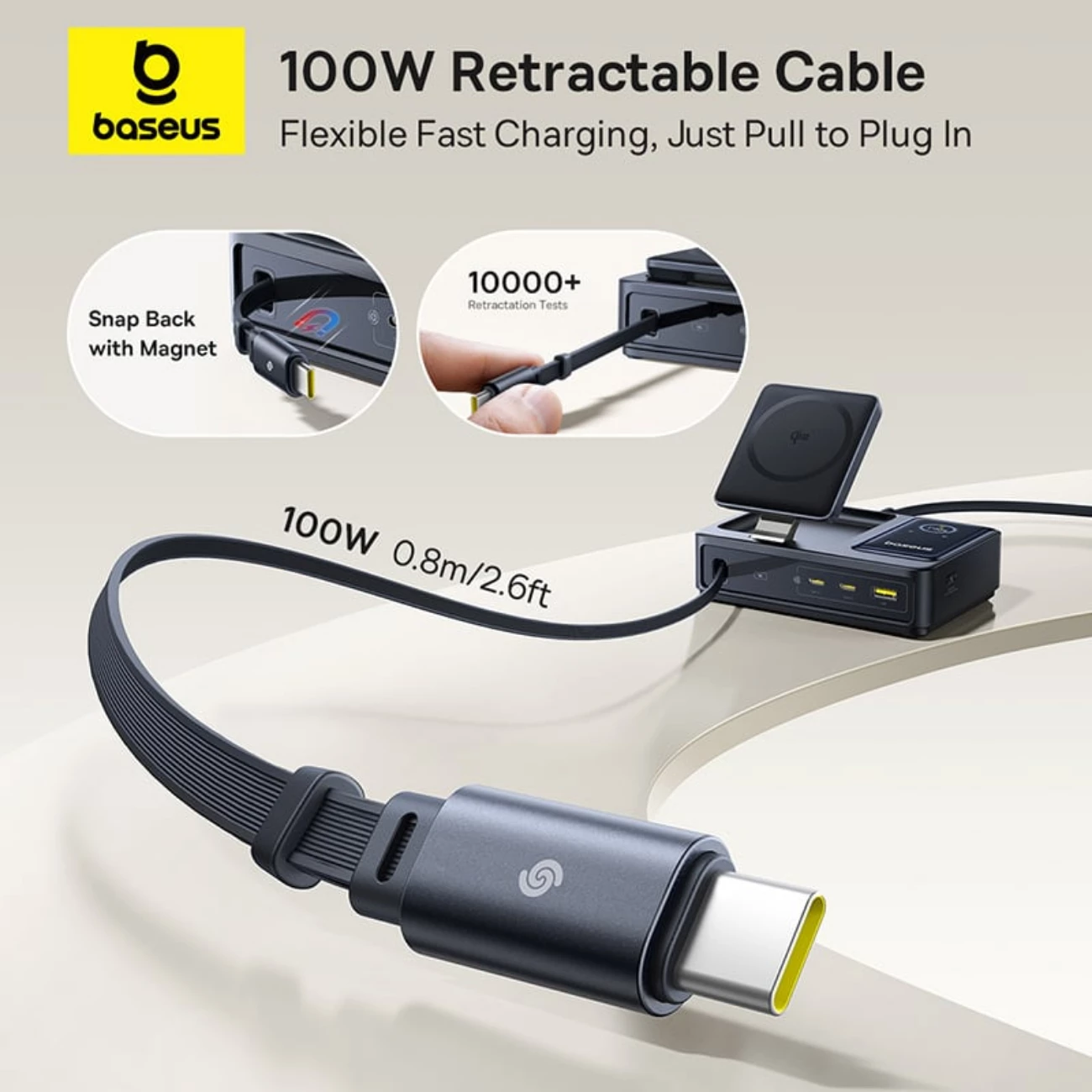 شارژر رومیزی یک یواسبی، دو تایپسی و یک کابل تایپسی جمع شونده 140 وات و شارژر وایرلس مگنتی 15 وات تاشو چندکاره بیسوس