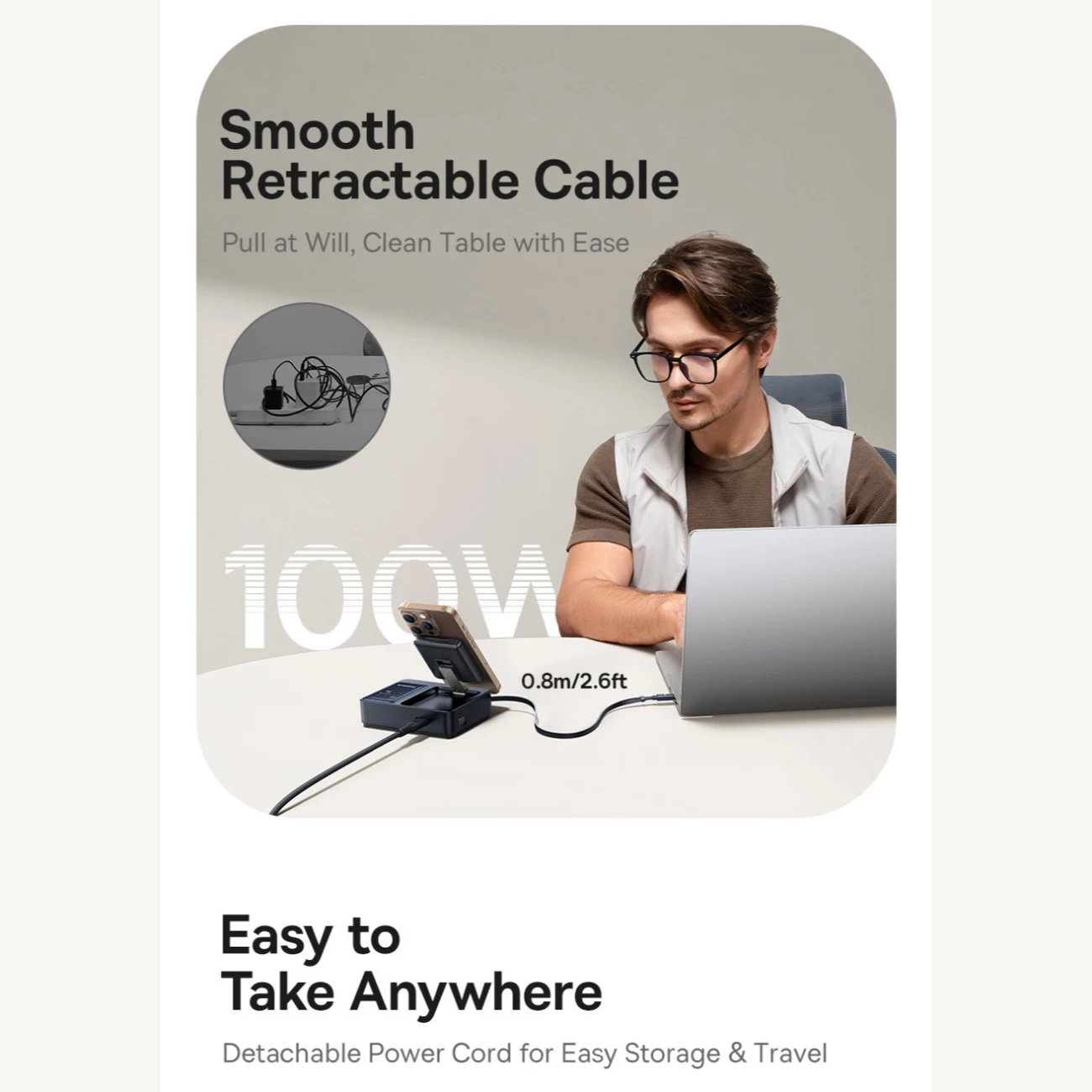 شارژر رومیزی یک یواسبی، دو تایپسی و یک کابل تایپسی جمع شونده 140 وات و شارژر وایرلس مگنتی 15 وات تاشو چندکاره بیسوس