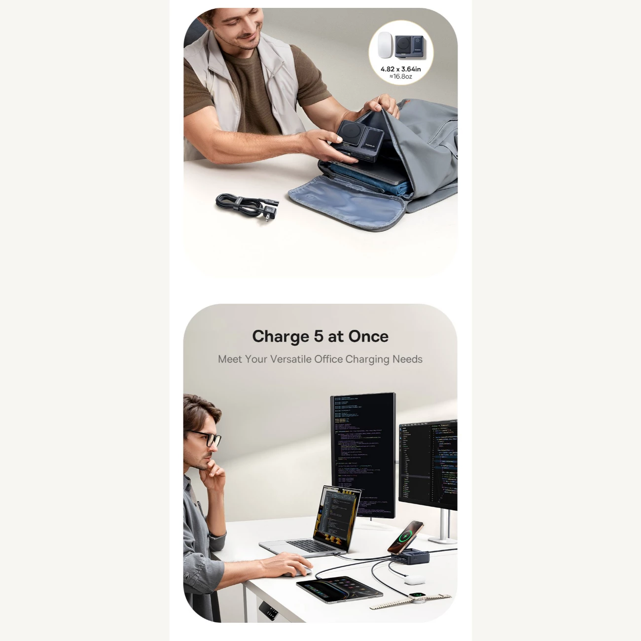 شارژر رومیزی یک یواسبی، دو تایپسی و یک کابل تایپسی جمع شونده 140 وات و شارژر وایرلس مگنتی 15 وات تاشو چندکاره بیسوس