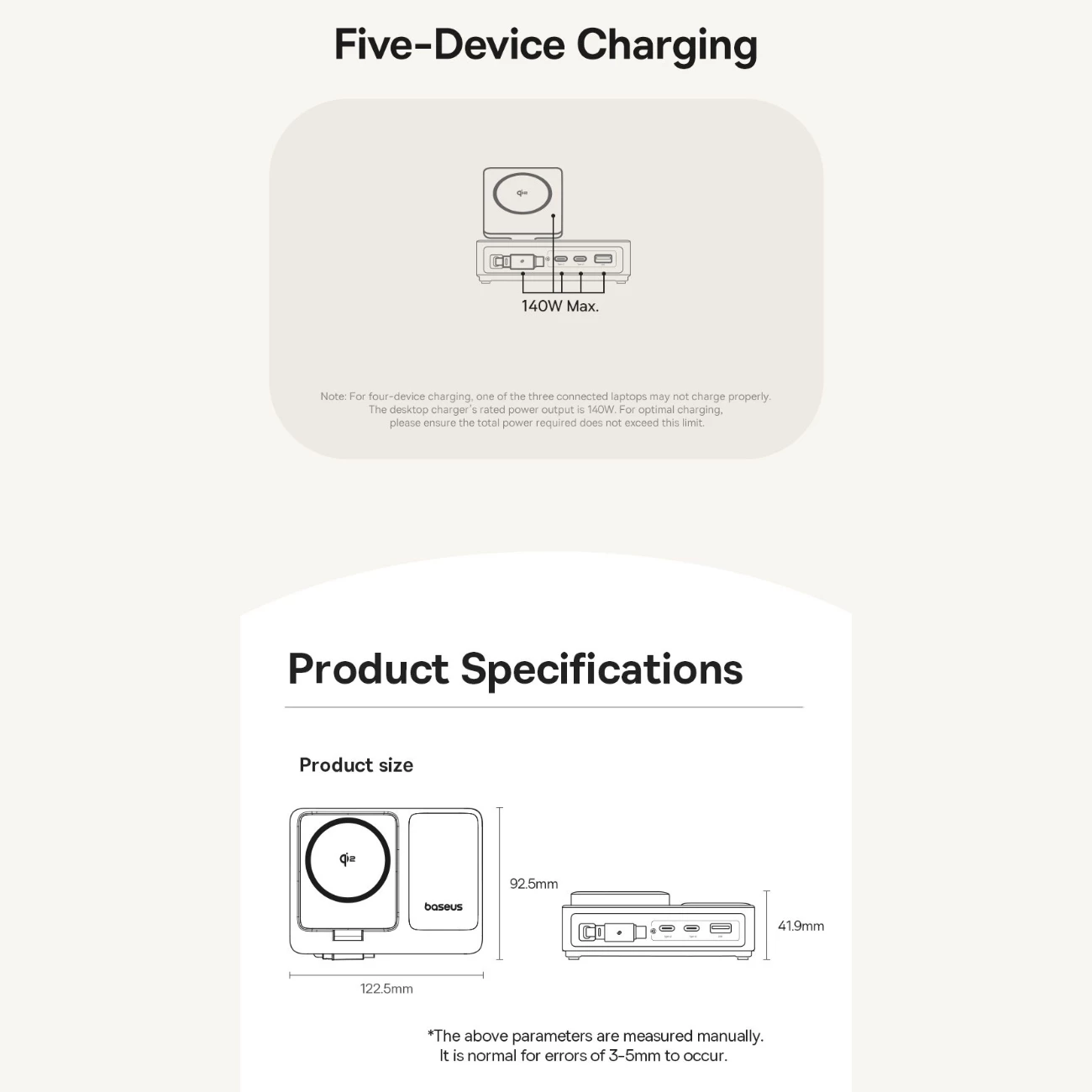 شارژر رومیزی یک یواسبی، دو تایپسی و یک کابل تایپسی جمع شونده 140 وات و شارژر وایرلس مگنتی 15 وات تاشو چندکاره بیسوس
