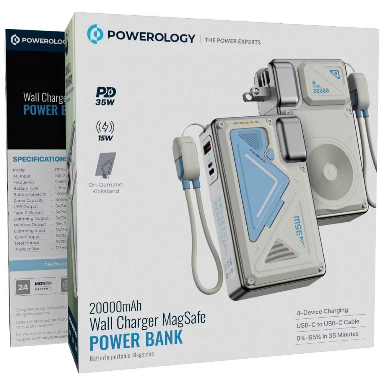 پاوربانک 20000 وایرلس و شارژر دیواری تایپ‌سی، USB و لایتنینگ فست شارژ 35 وات پاورولوژی