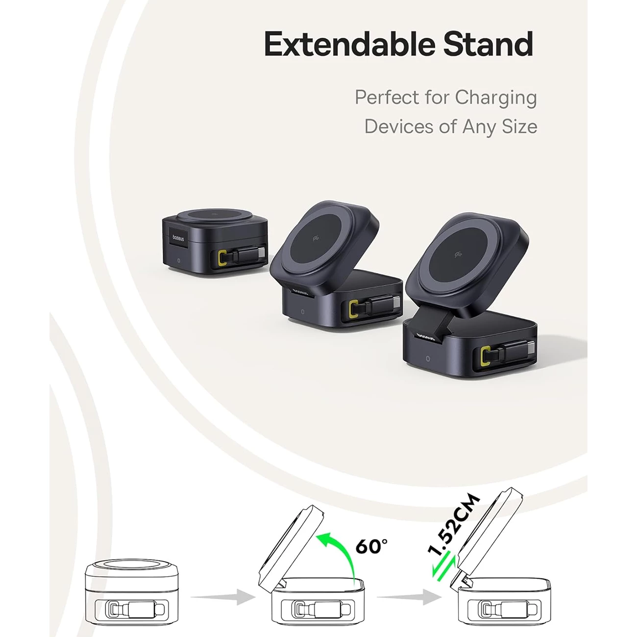 کیفیت شارژر بی‌سیم مگنتی تاشو رومیزی 15وات و پایه نگهدارنده موبایل بیسوس با کابل تایپ سی جمع شونده