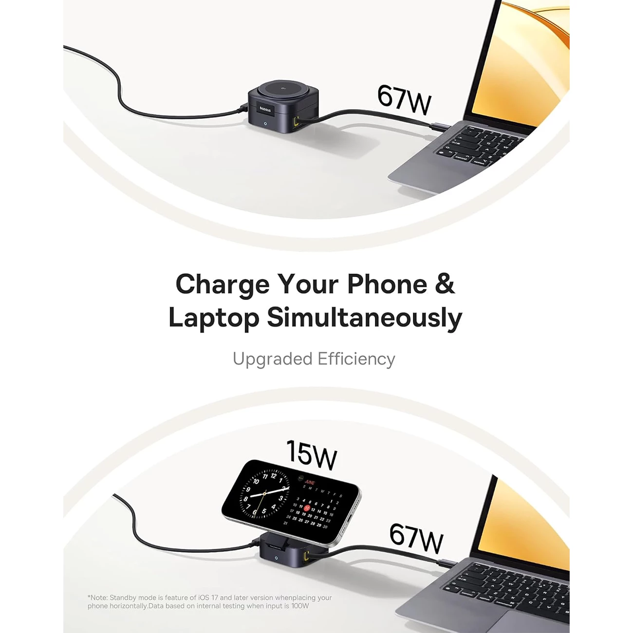 خرید شارژر بی‌سیم مگنتی تاشو رومیزی 15وات و پایه نگهدارنده موبایل بیسوس با کابل تایپ سی جمع شونده