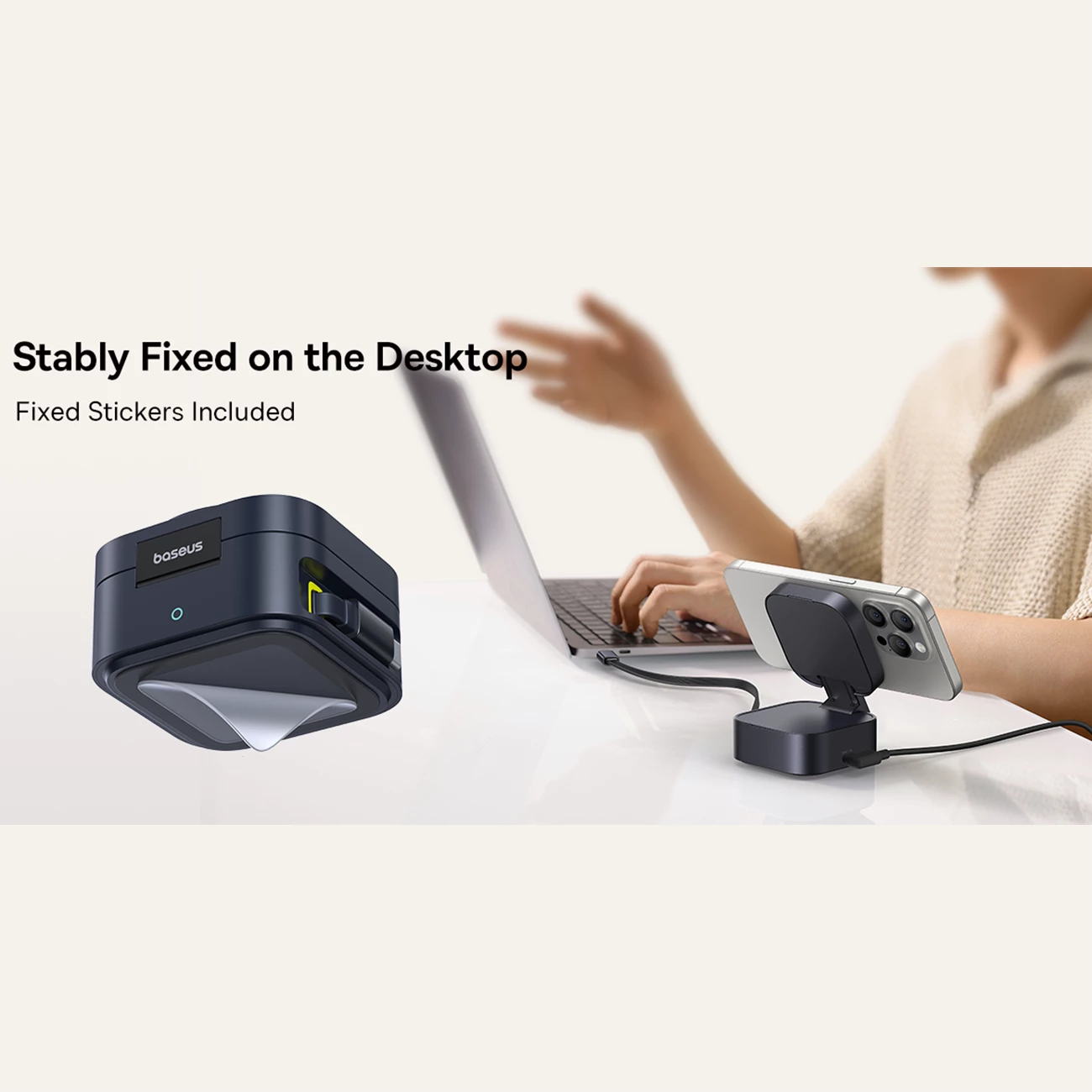 خرید شارژر بی‌سیم مگنتی تاشو رومیزی 15وات و پایه نگهدارنده موبایل بیسوس با کابل تایپ سی جمع شونده