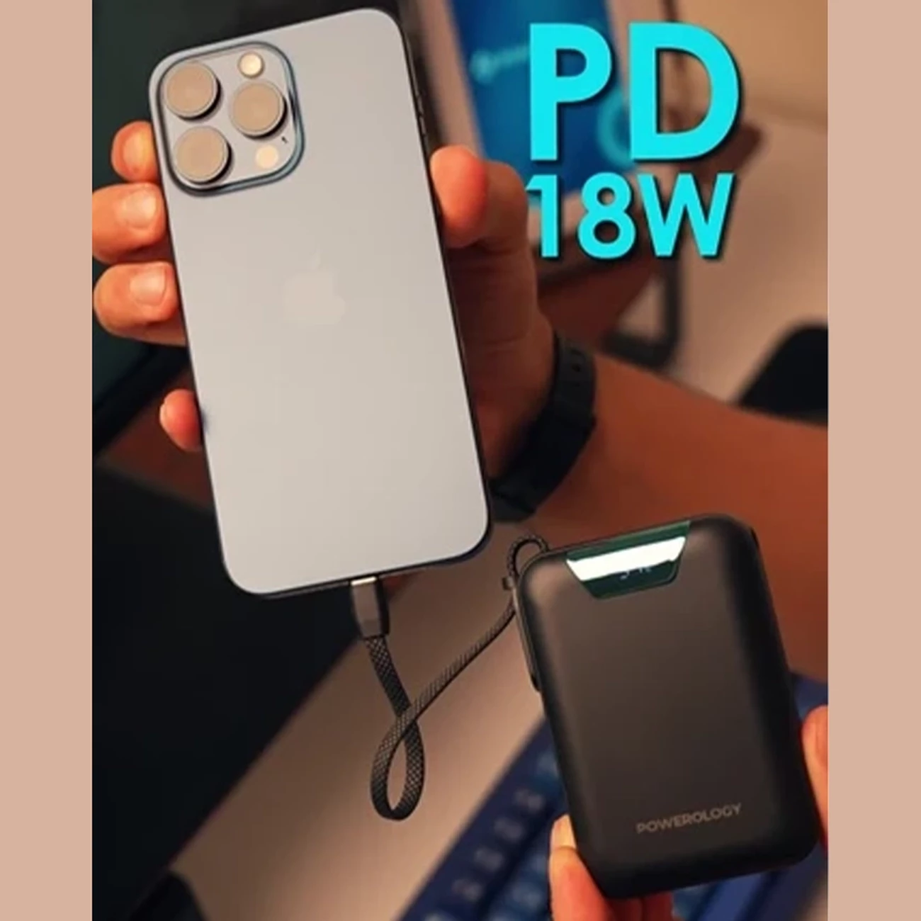 بهترین پاور بانک فست شارژ تایپ سی و یو اس بی پاورولوژی با کابل تایپ‌سی متصل و نمایشگر دیجیتالی