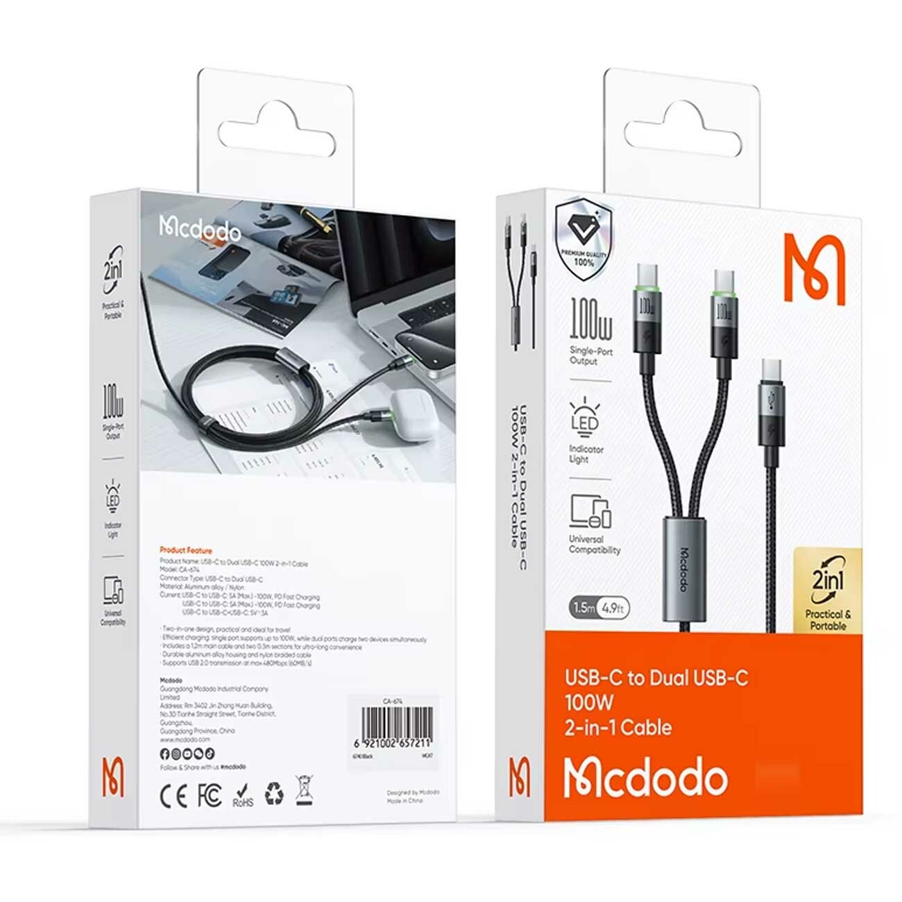 کابل تایپ‌سی به دو تایپ‌سی 100 وات 5 آمپر 1.5 متری مک‌دودو