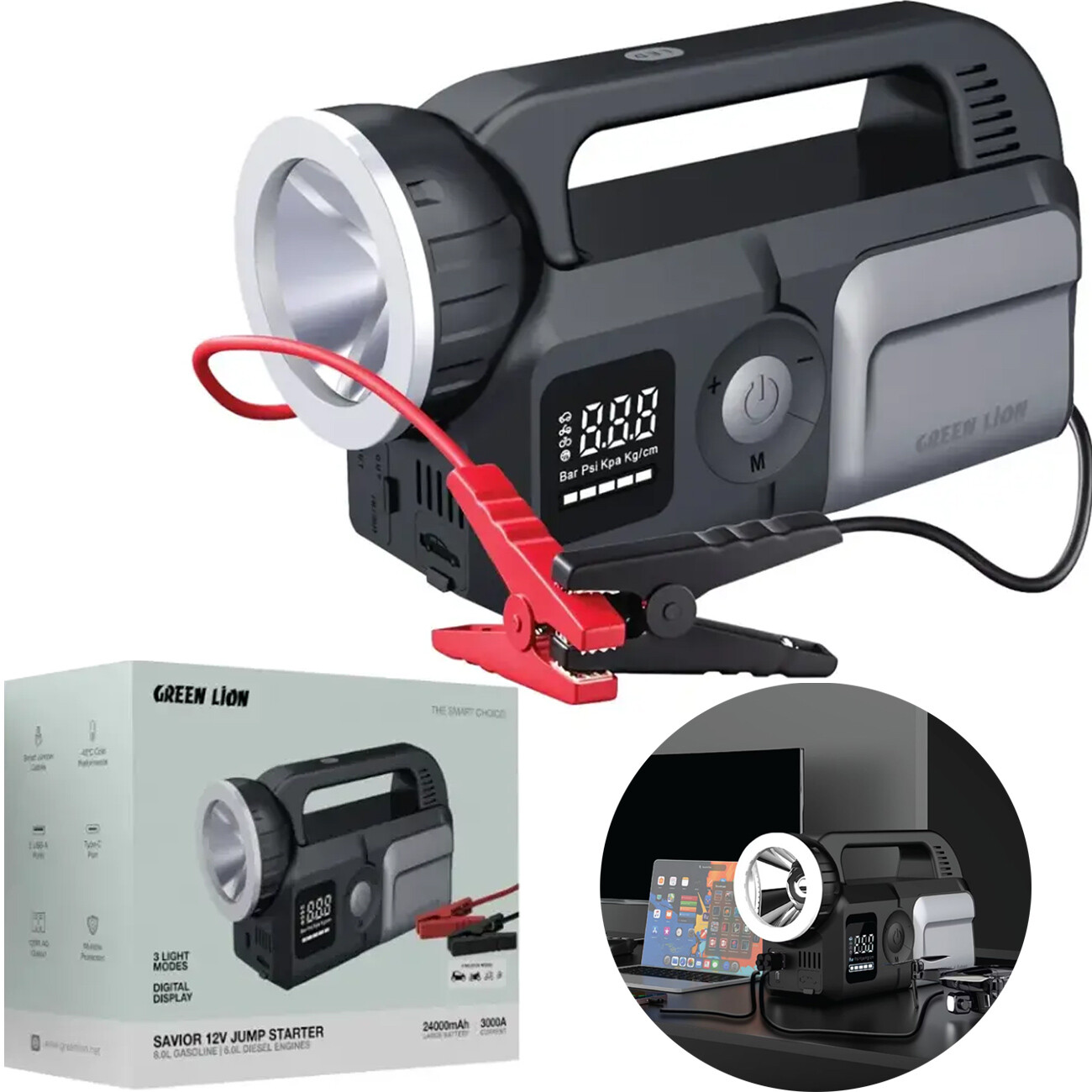جامپ استارتر، پاور بانک و پمپ باد گرین لاین Green Lion GNSAVRJSGY GL-JX33