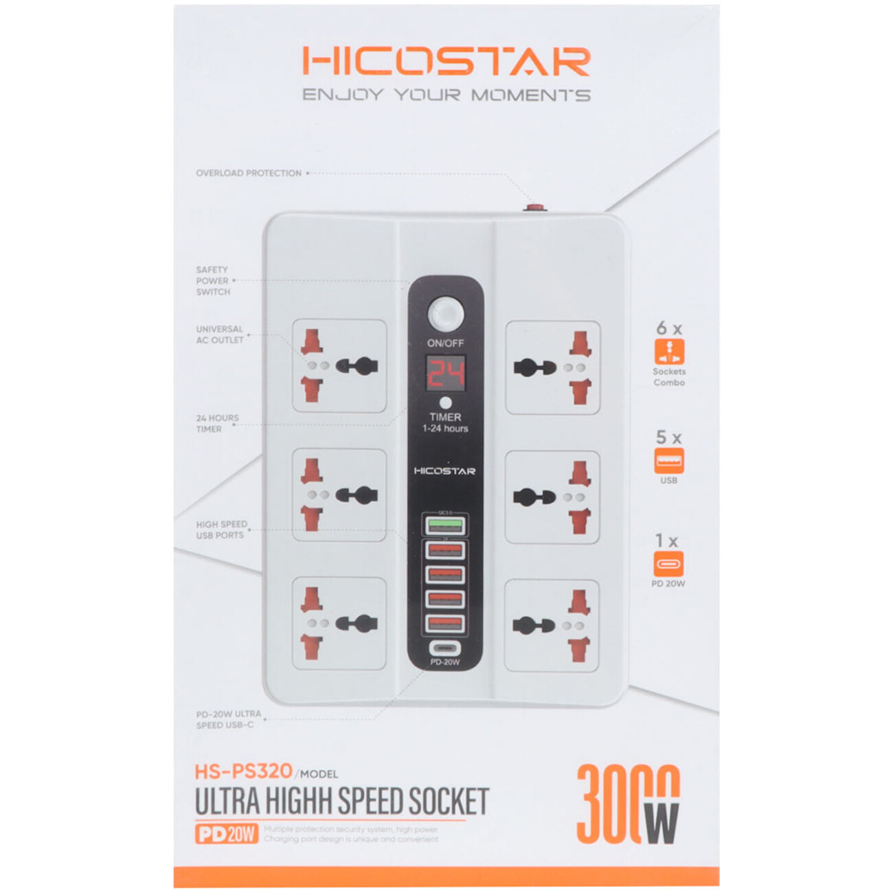 بهترین سیم سیار شش سوکت، یک TYPE-C و پنج یو‌اس‌بی 3000 وات هایکو استار