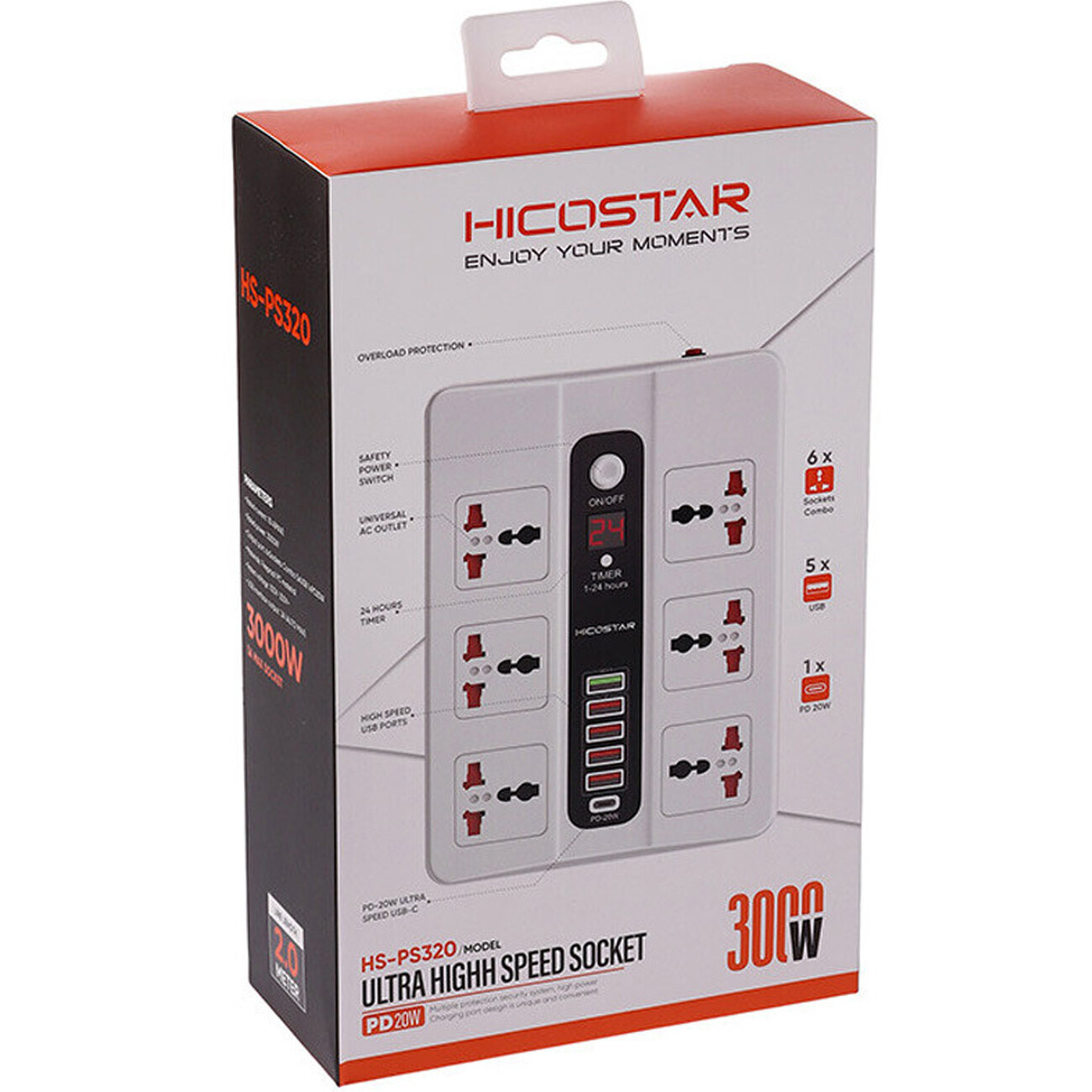 سیم سیار شش سوکت، یک TYPE-C و پنج یو‌اس‌بی 3000 وات هایکو استار با کیفیت