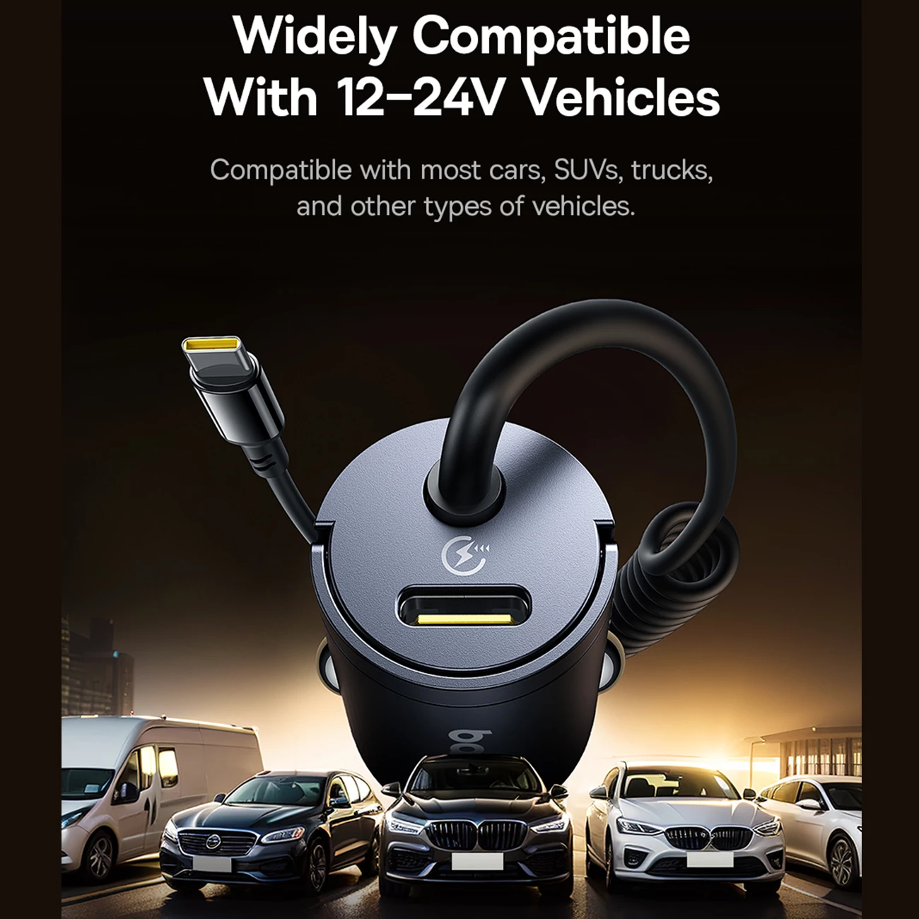 شارژر فندکی فست شارژ ماشین تایپ‌سی 30 وات با کابل فنری متصل تایپ‌سی بیسوس