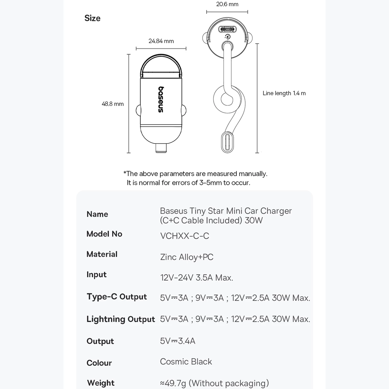 شارژر فندکی فست شارژ ماشین تایپ‌سی 30 وات با کابل فنری متصل تایپ‌سی بیسوس