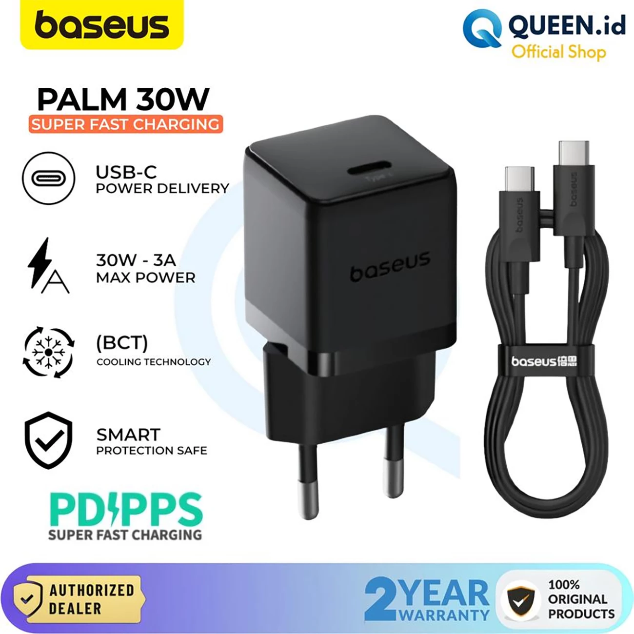 خرید   شارژر دیواری فست تایپ سی 30 وات بیسوس همراه با کابل دو سر تایپ سی