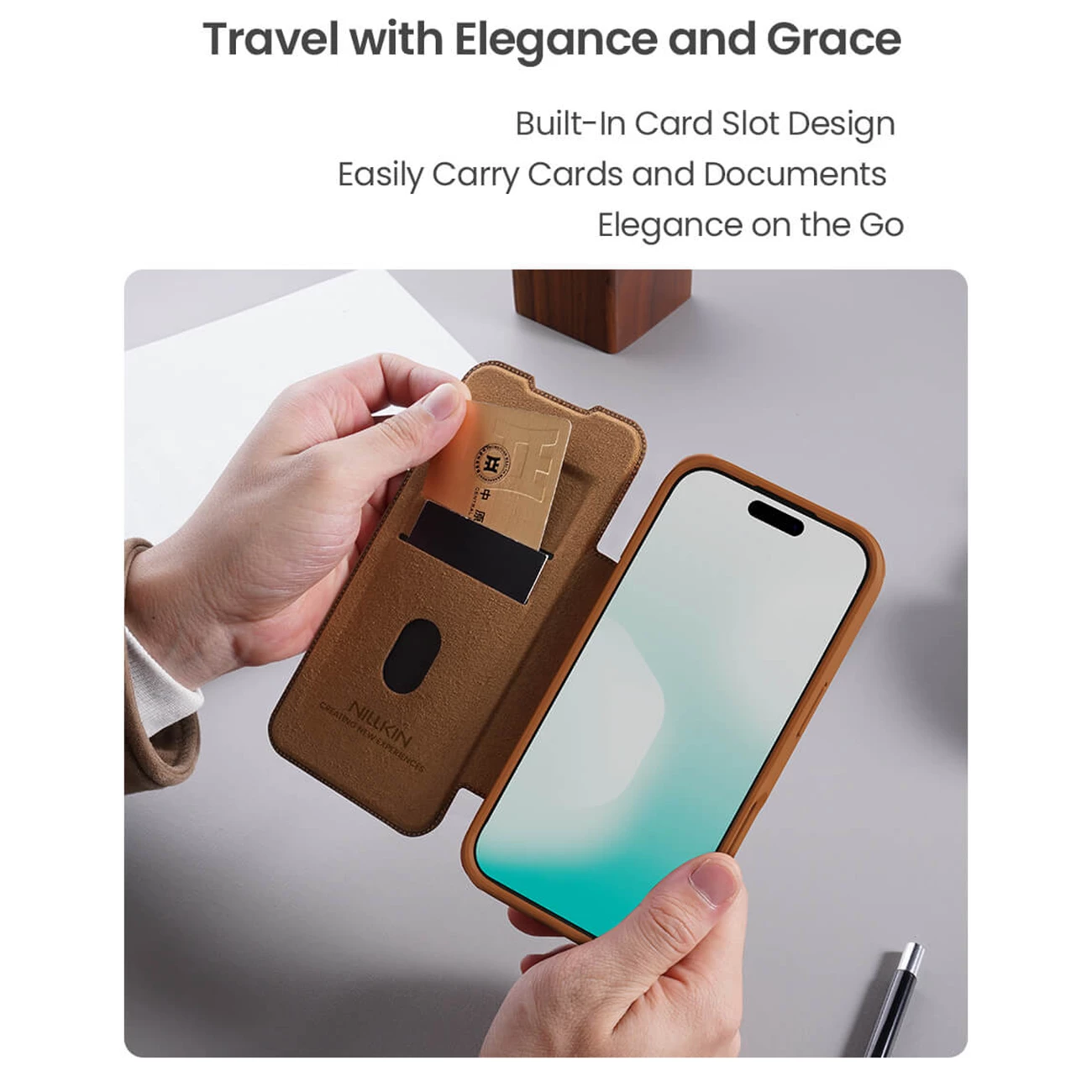 خرید قاب چرمی کلاسوری آیفون 17 پرو نیلکین