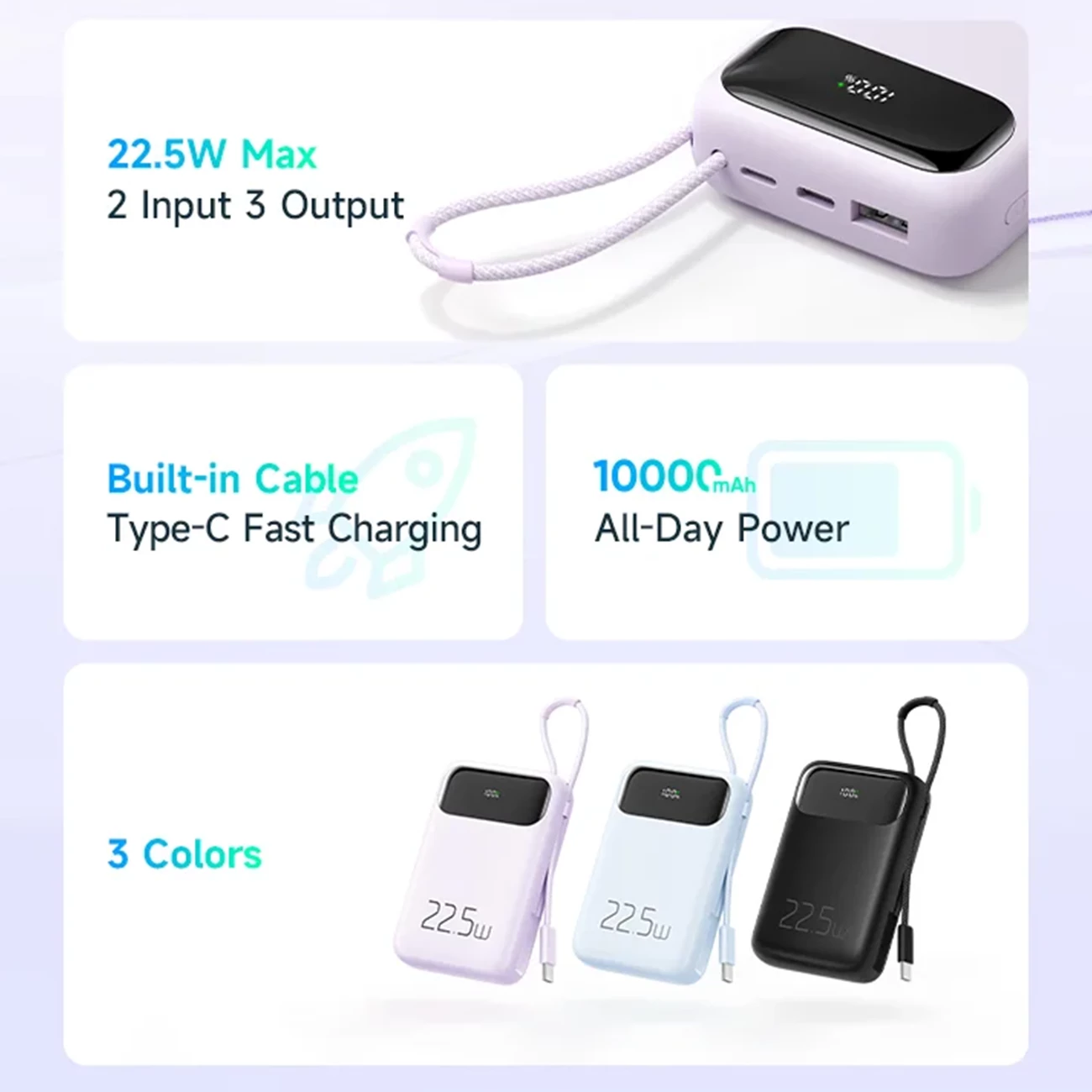 پاوربانک 10000 تایپ‌سی و یو اس بی توان 22.5 وات مک‌دودو با کابل تایپ‌سی متصل و نمایشگر دیجیتالی