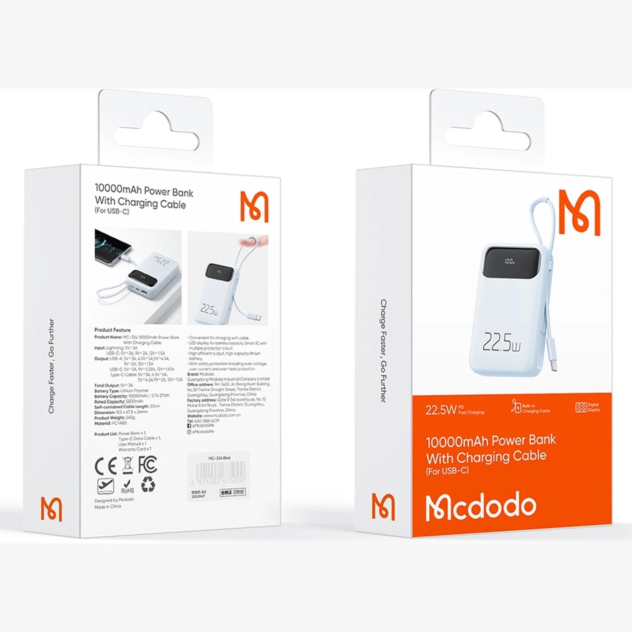 پاوربانک 10000 تایپ‌سی و یو اس بی توان 22.5 وات مک‌دودو با کابل تایپ‌سی متصل و نمایشگر دیجیتالی