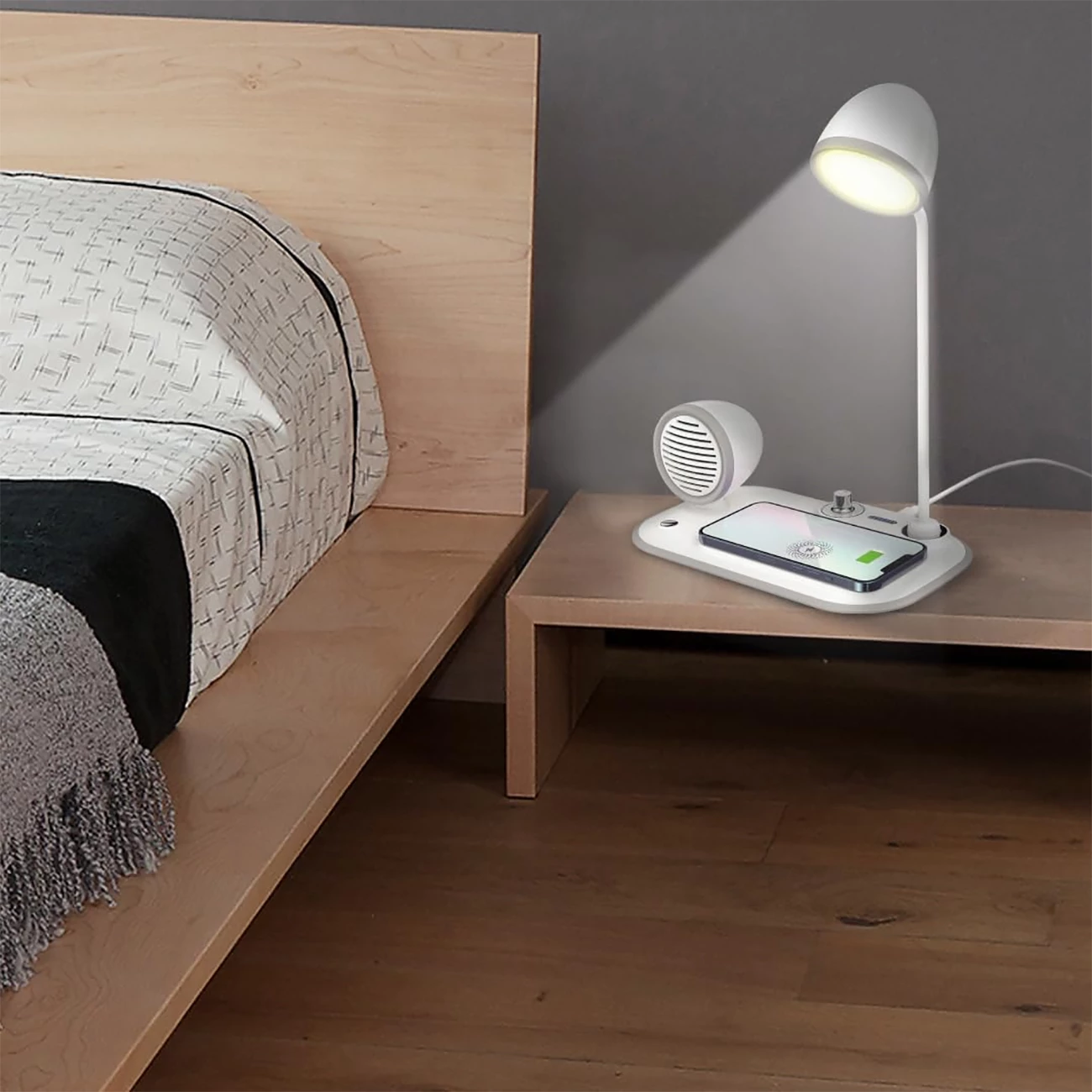 خرید چراغ مطالعه رومیزی اسپیکر دار به همراه شارژر وایرلس 15 وات