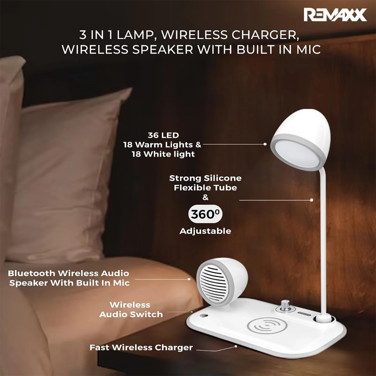 خرید چراغ مطالعه رومیزی اسپیکر دار به همراه شارژر وایرلس 15 وات