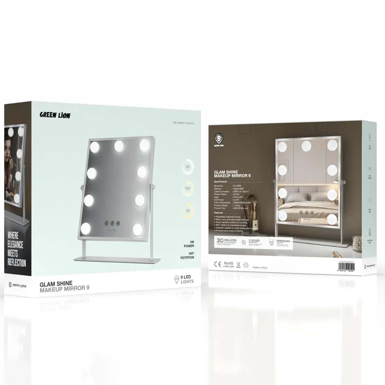 بهترین آینه آرایشی رومیزی ال ای دی دار گرین لاین (Green Lion) مدل GNGLMAKE9WH