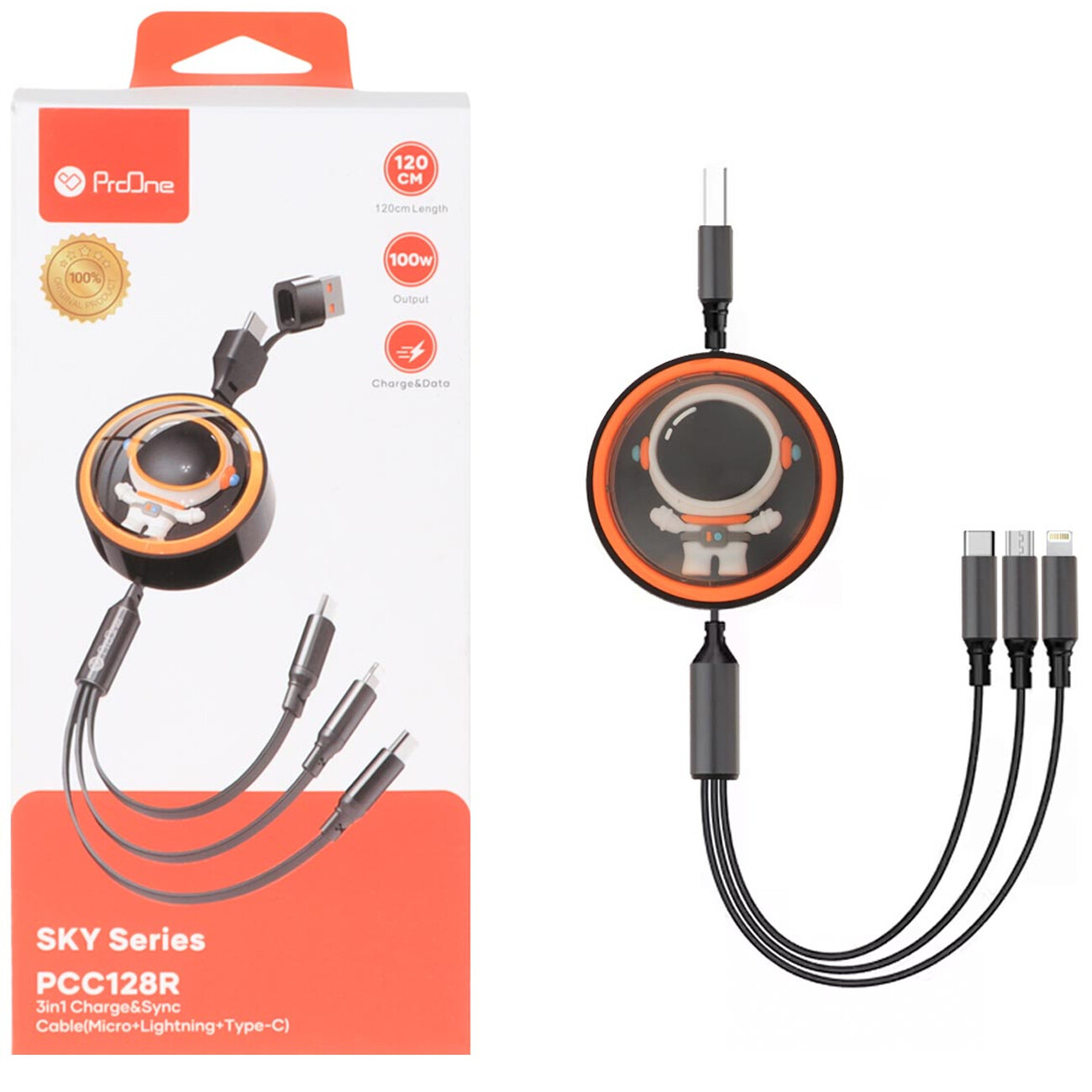 کابل 5 کاره 100 وات پرووان 1.2 متری برای آیفون و اندروید مدل PCC128R